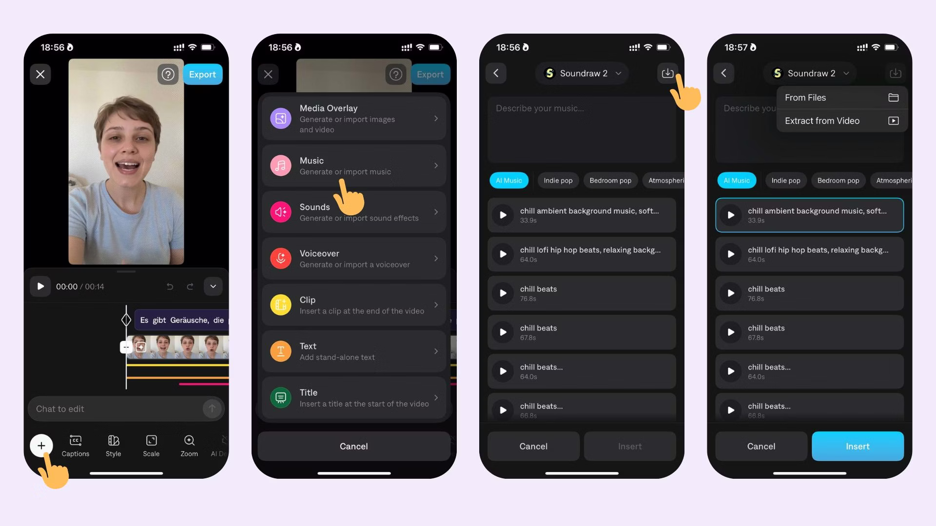 Aplicación Captions mostrando cómo importar una pista de música en un proyecto de video