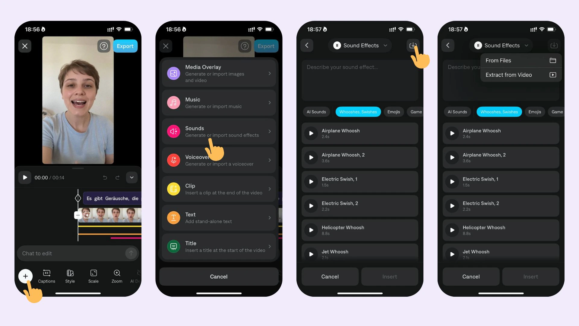 Aplicación Captions mostrando cómo importar un efecto de sonido personalizado en un proyecto