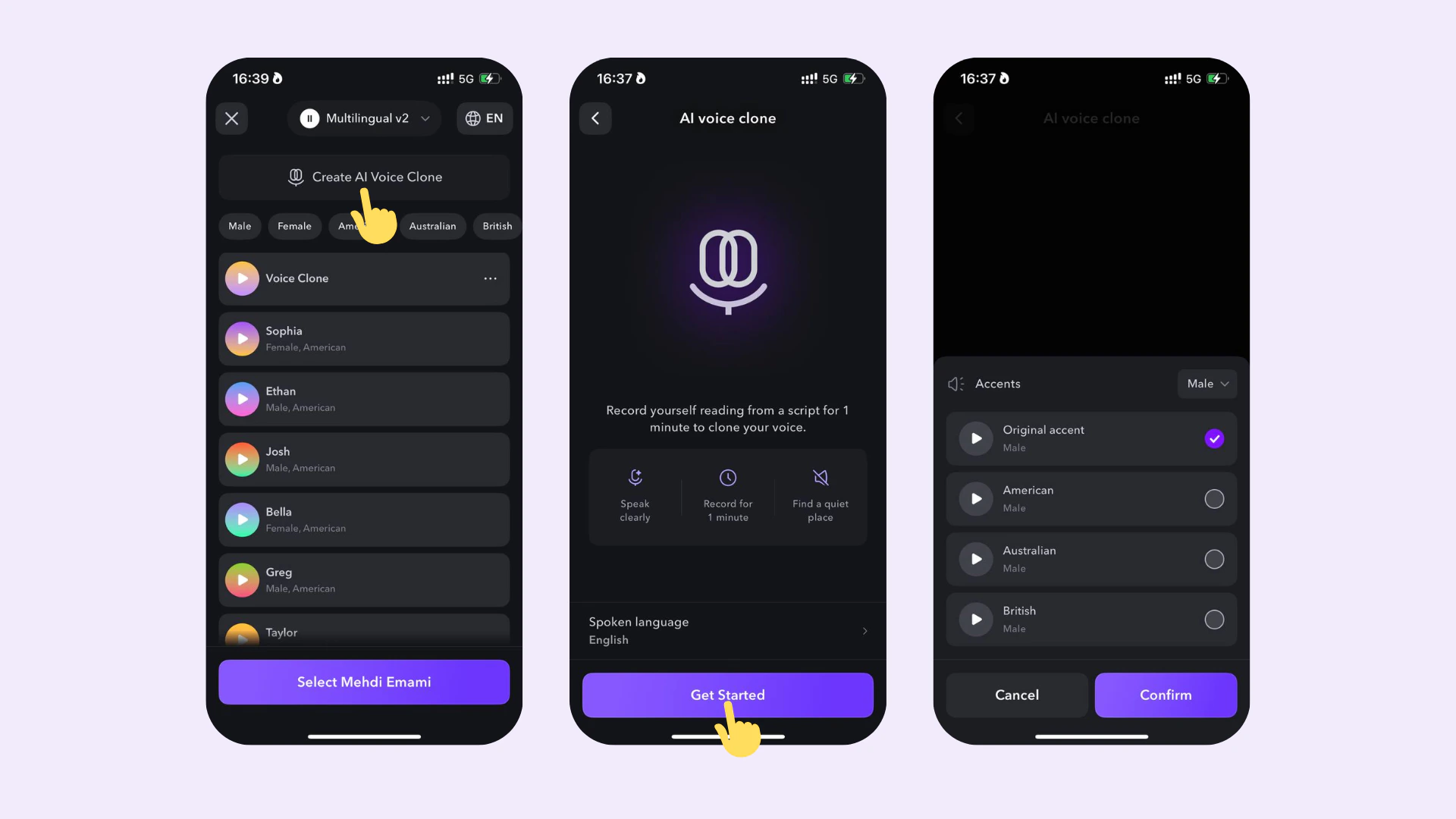 Opciones de selección de acento Captions AI Voice Clone