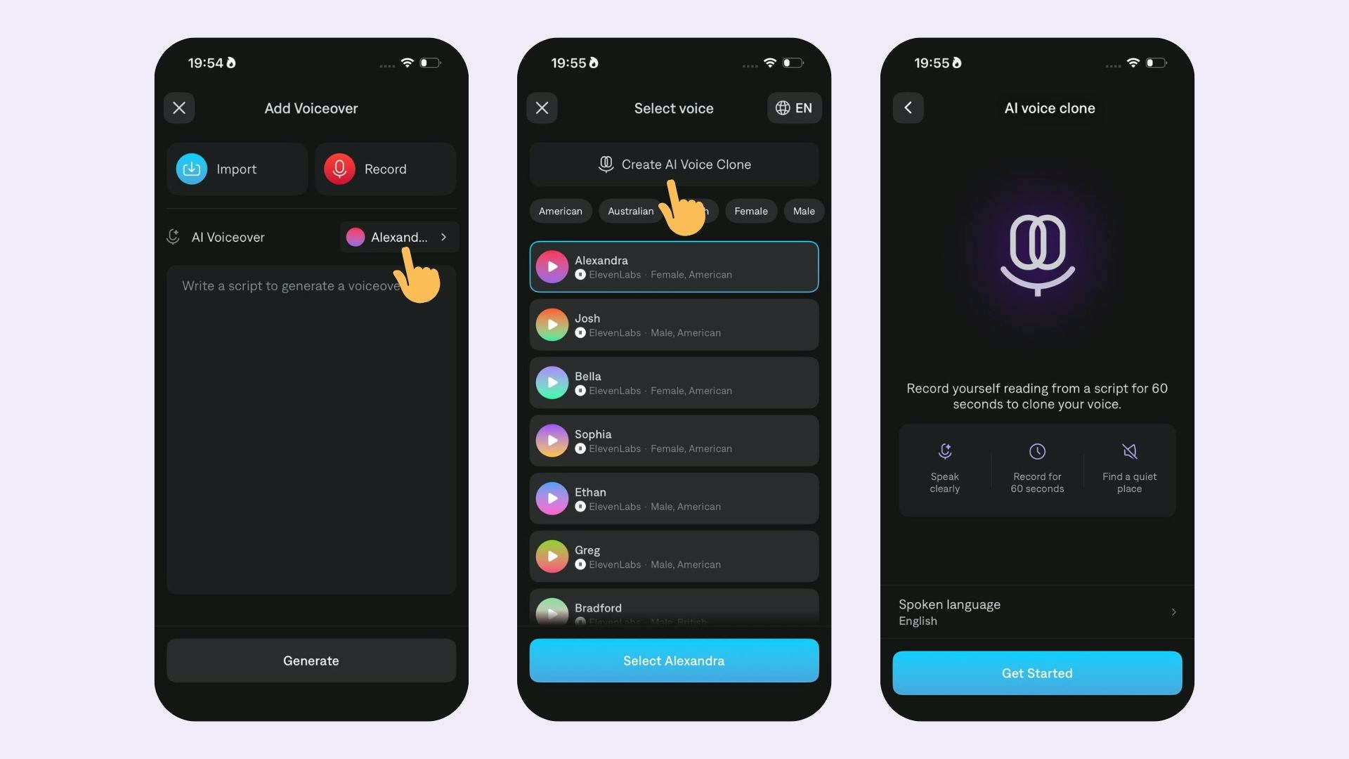 Función Captions AI Voice Clone para generar una voz sintética a partir de una grabación