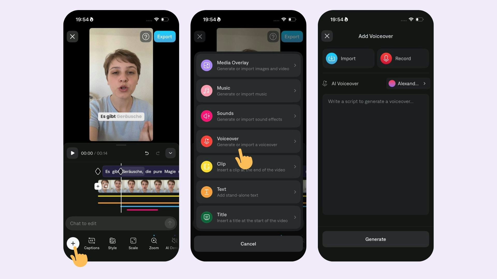 Herramienta Captions AI Voiceover para generar un voiceover hablado para un video