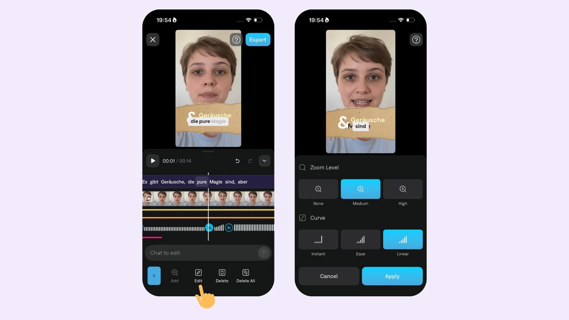 Panel de edición de zoom de Captions mostrando opciones de intensidad y curva de animación para un efecto de zoom