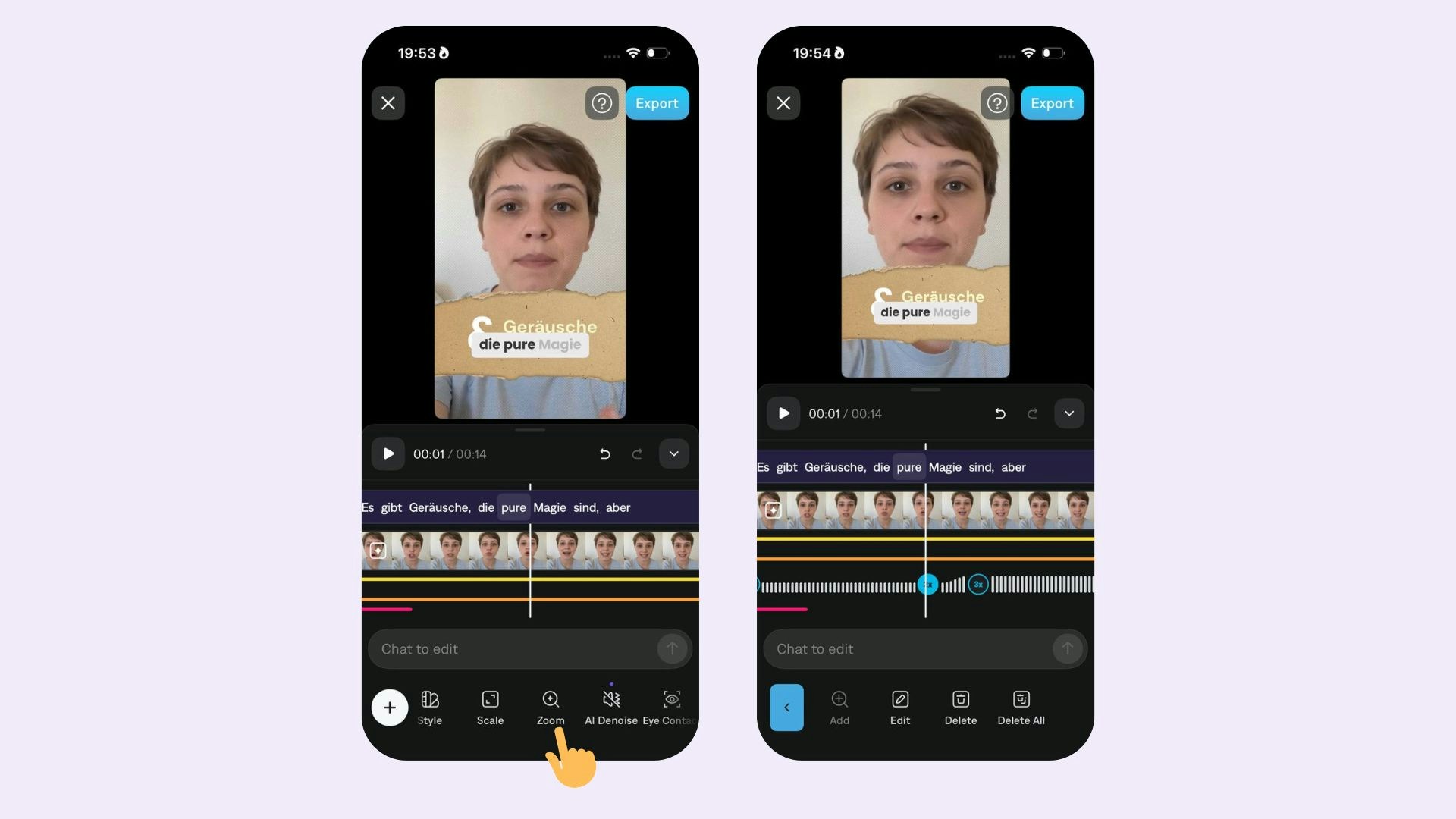 Herramienta AI Zoom de Captions añadiendo automáticamente efectos de zoom a momentos clave en un video