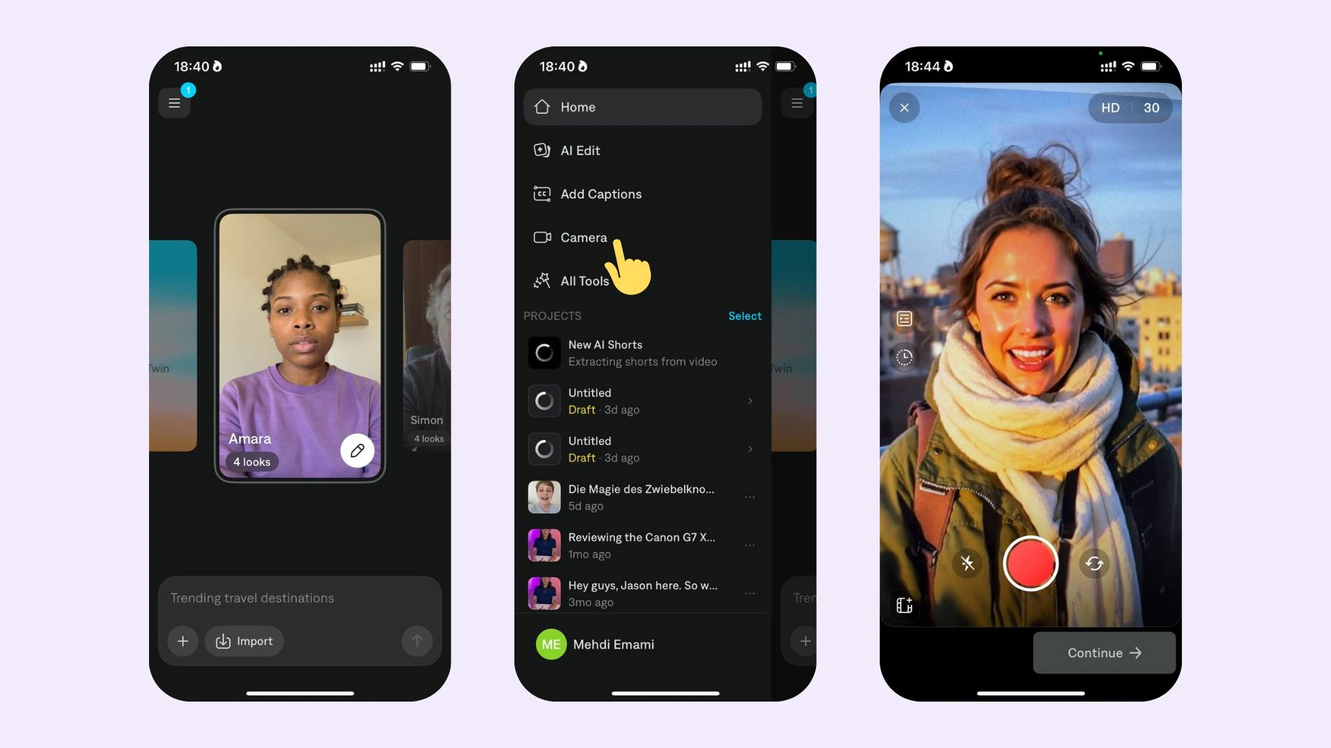Interfaz de cámara integrada y teleprompter de Captions para grabar vídeos