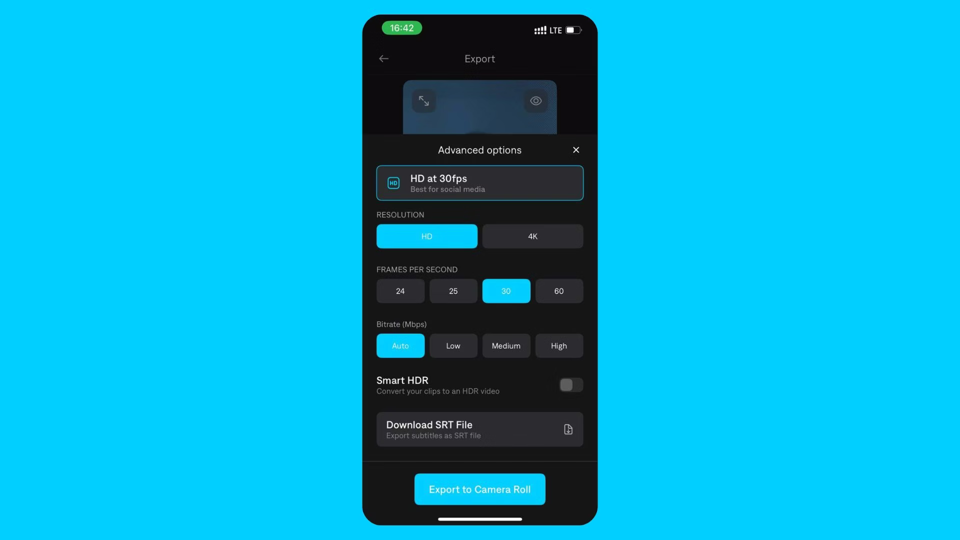 Configuración avanzada de exportación de Captions mostrando opciones de resolución, velocidad de fotogramas, velocidad de bits y HDR