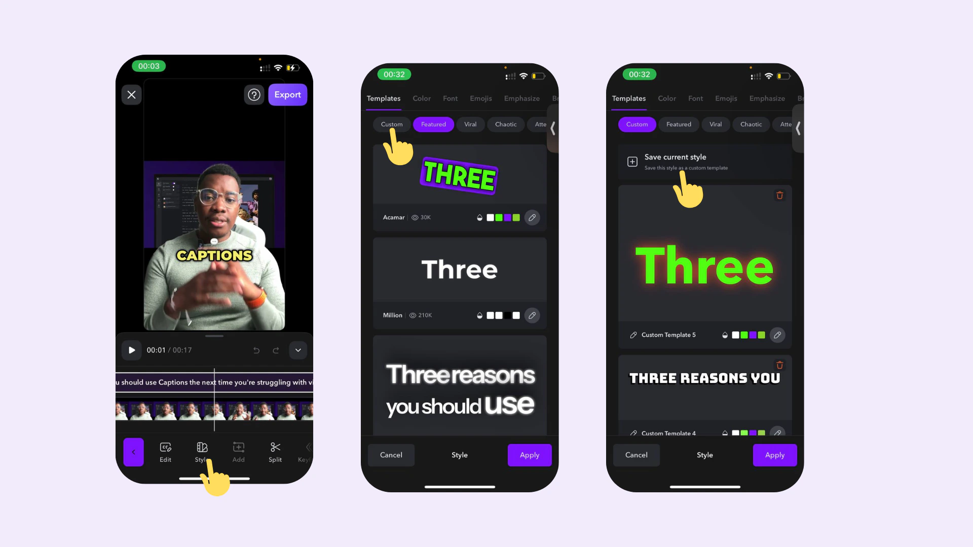 Captions iOS mostrando cómo guardar un estilo de subtítulo personalizado como una plantilla reutilizable