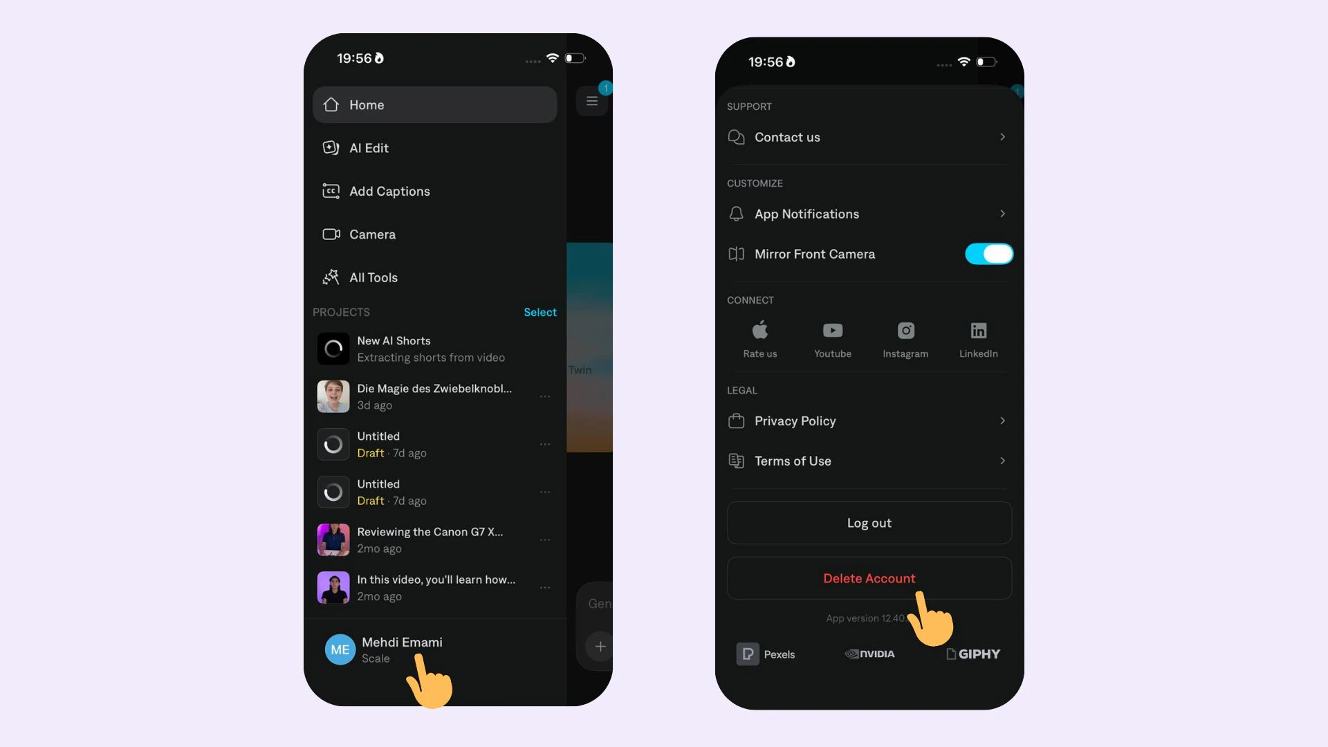 Configuración de perfil de la app Captions mostrando la opción Eliminar Cuenta