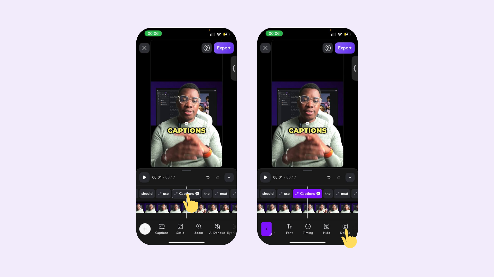 Aplicación Captions en iOS mostrando cómo eliminar permanentemente subtítulos de un video