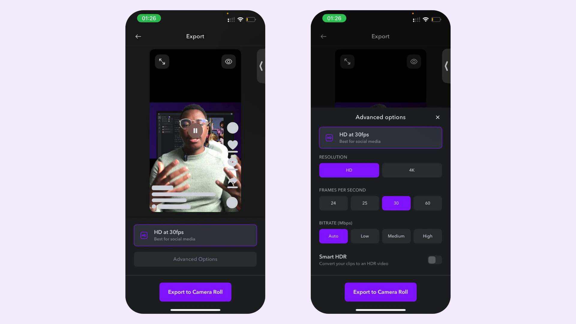 Pantalla de exportación de la aplicación móvil Captions con opciones de resolución y calidad
