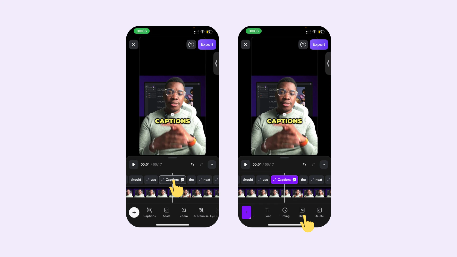 Aplicación Captions en iOS mostrando el botón para ocultar subtítulos de un video