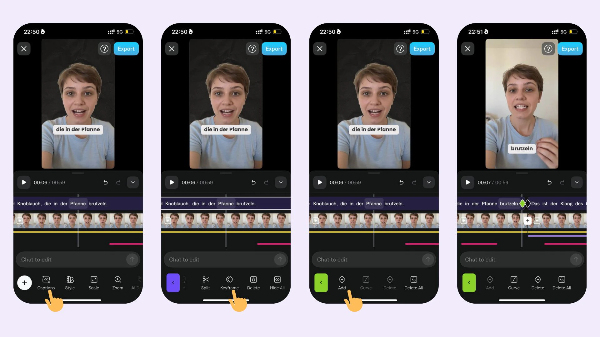 Editor de keyframes de Captions iOS para animar la posición y el estilo de los subtítulos a lo largo del tiempo