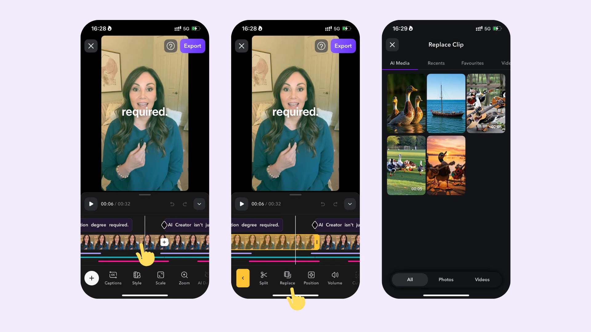 Opción de reemplazo de superposición de medios de la aplicación Captions para intercambiar una imagen o vídeo existente en un proyecto