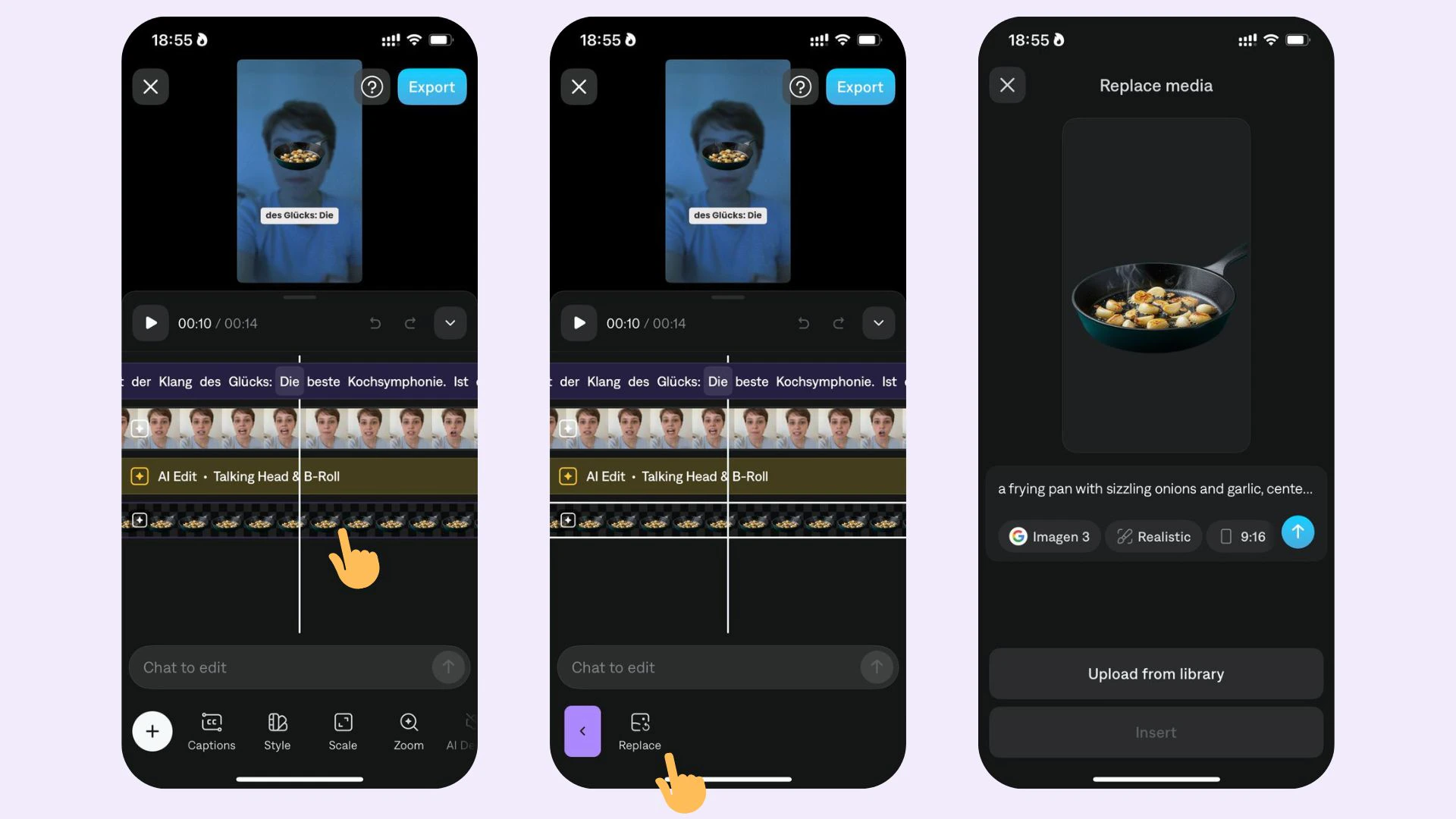 Editor de superposición de medios de la aplicación Captions mostrando opciones de posición, transición y cambio de tamaño