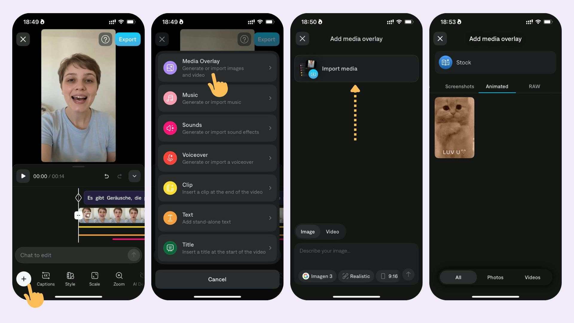Panel de importación de superposición de medios de la aplicación Captions para añadir fotos, vídeos, GIFs e imágenes de stock