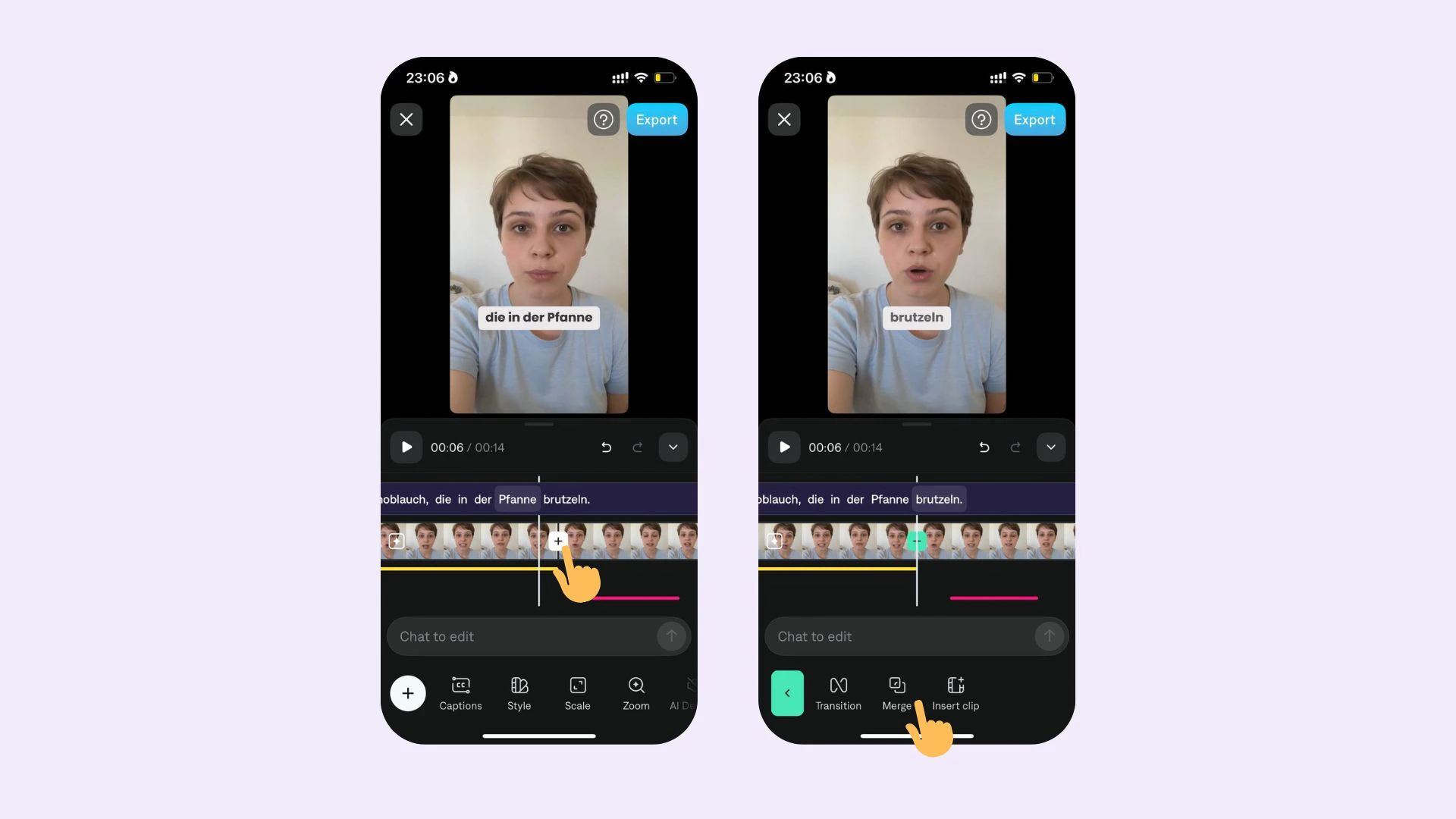 Línea de tiempo de Captions que muestra cómo fusionar dos clips en un punto de transición