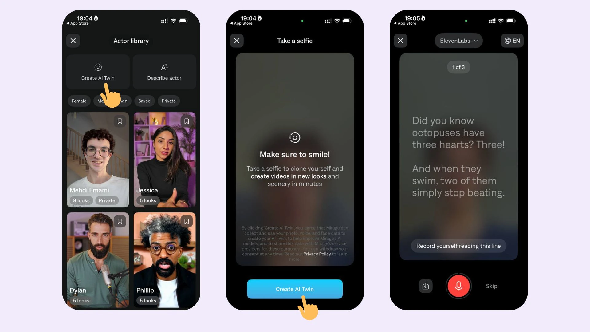 Taking a selfie and optional voice recordings when creating an AI Twin on iOS