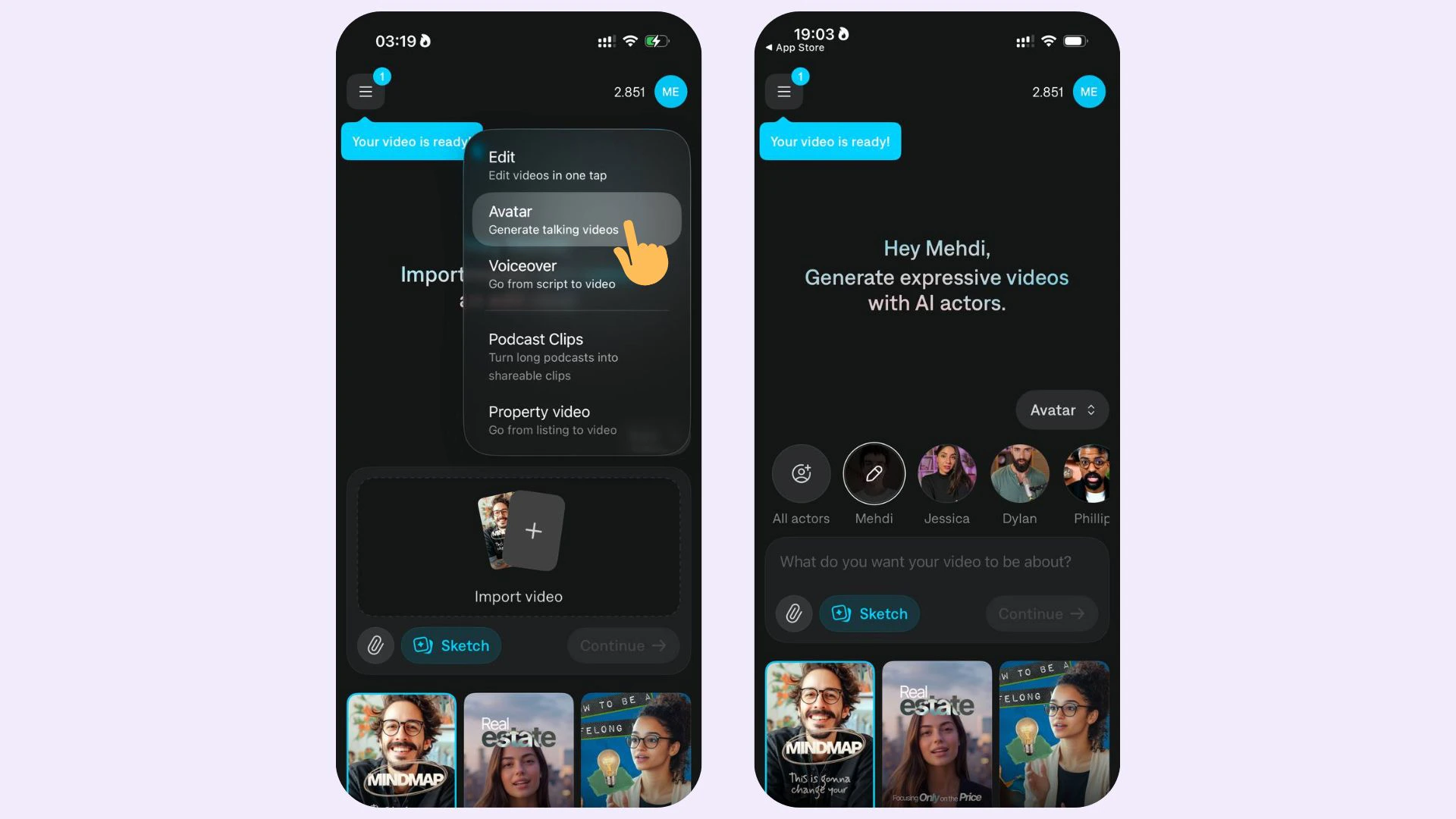 Home screen on iOS with Avatar selected from the dropdown menu