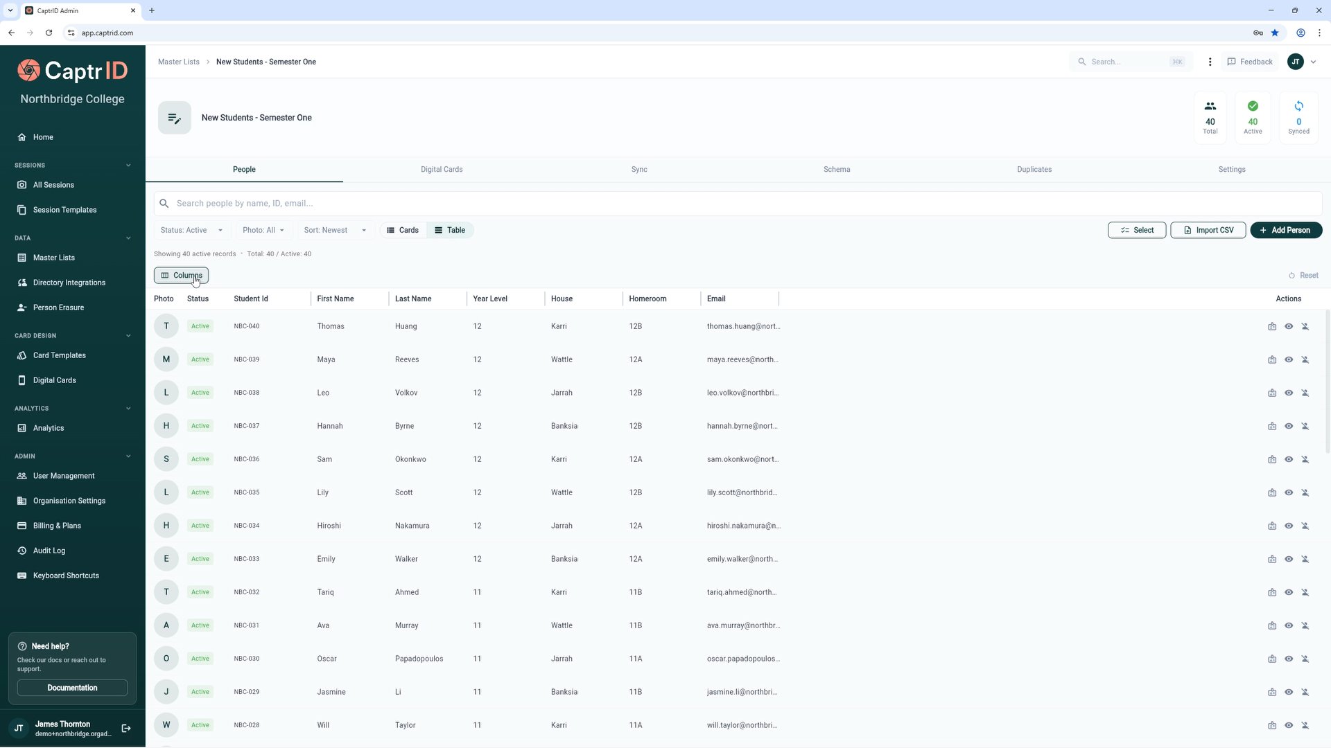 Master List detail screen showing field columns, people rows, and the toolbar