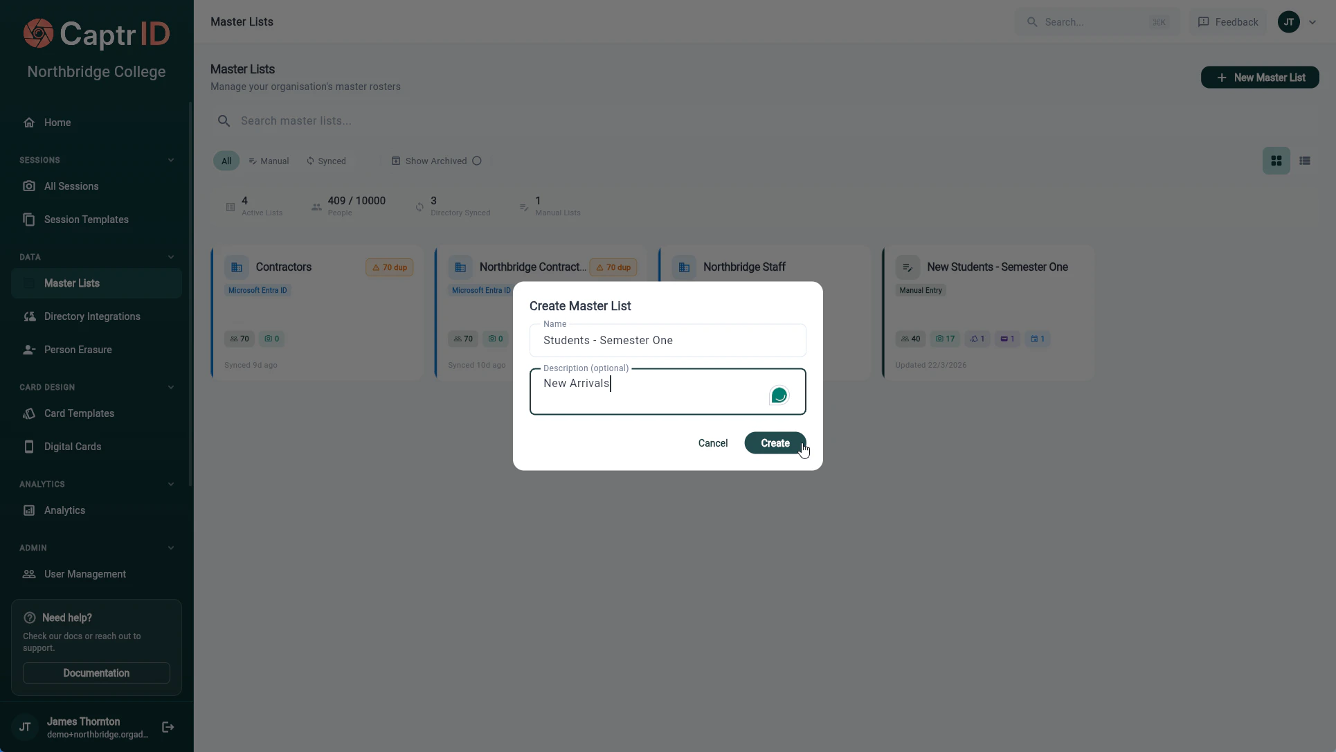 Create Master List wizard with configuration options