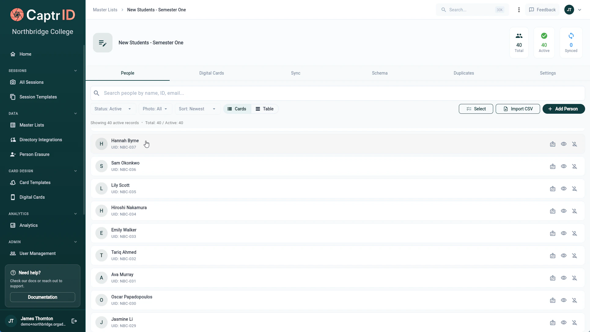 Master List detail screen with people showing in a table