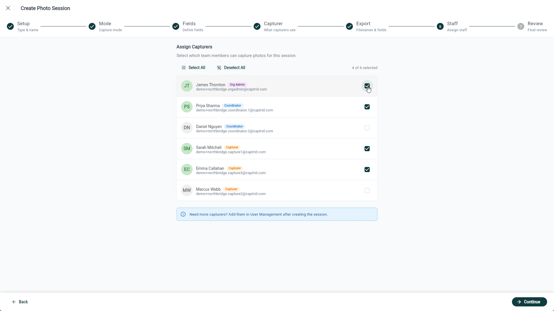Session Wizard staff step with a capturer assigned