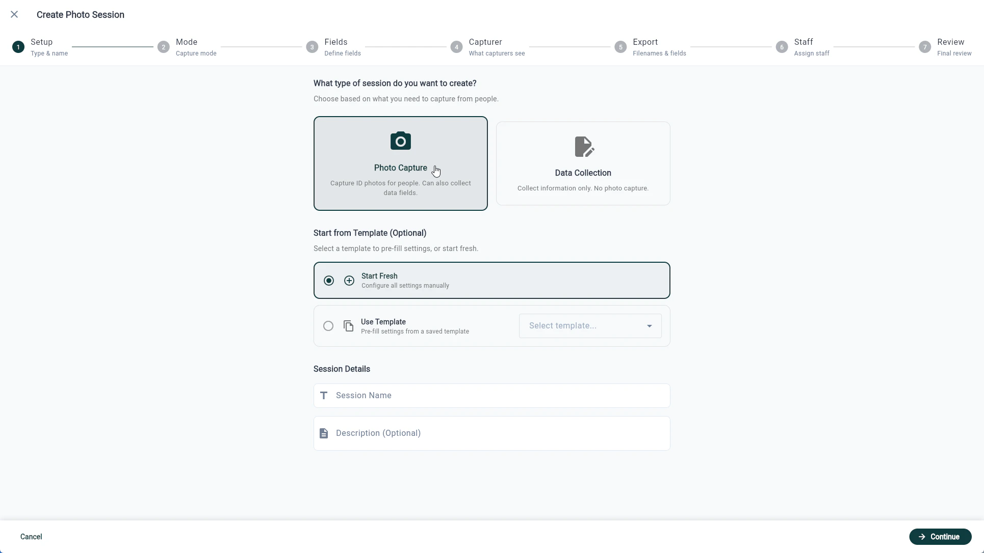 Session Wizard type step with Photo selected
