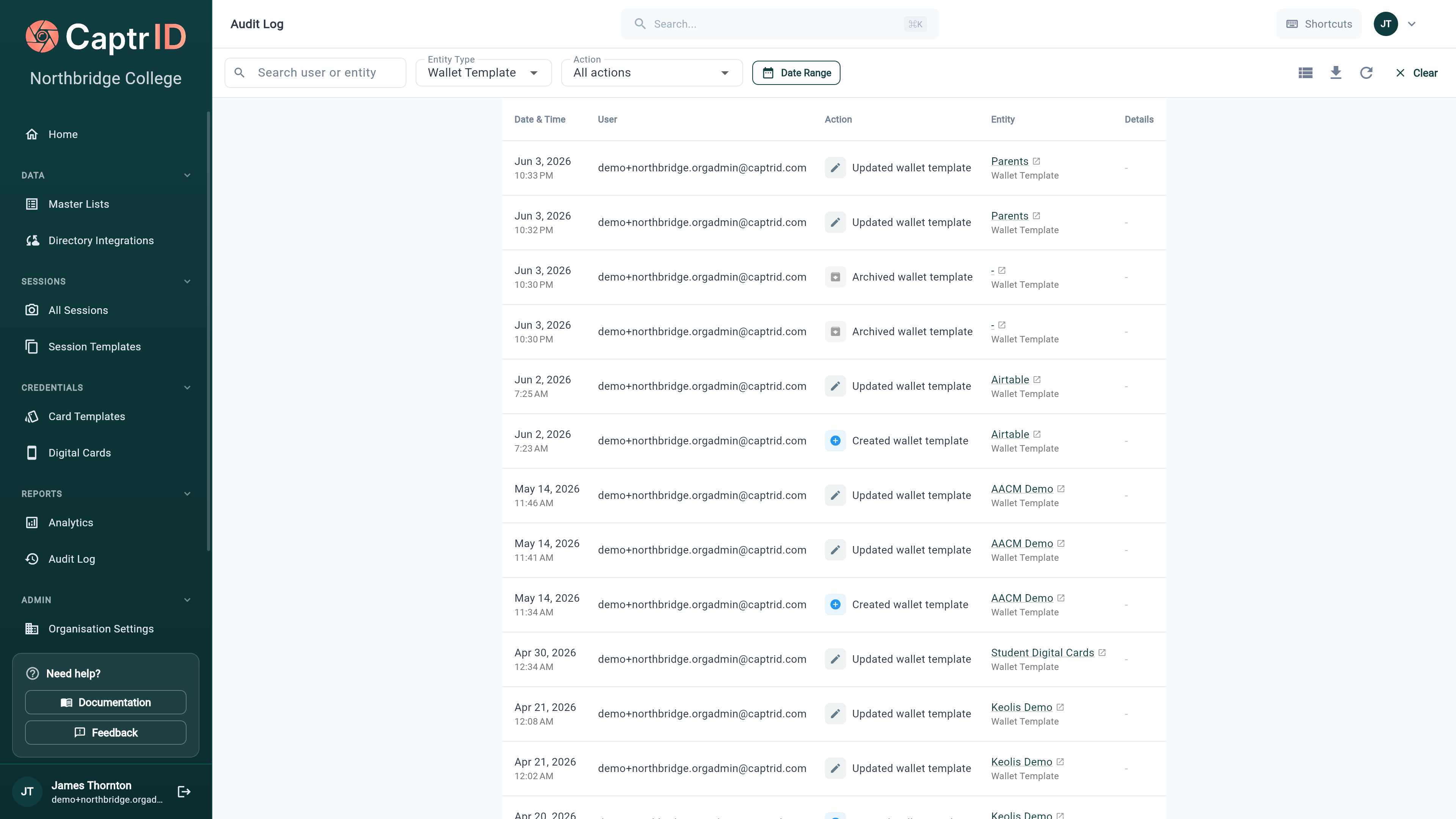 Audit log filter bar with a free-text search box, entity type dropdown set to Wallet Template, action dropdown, and date range selector
