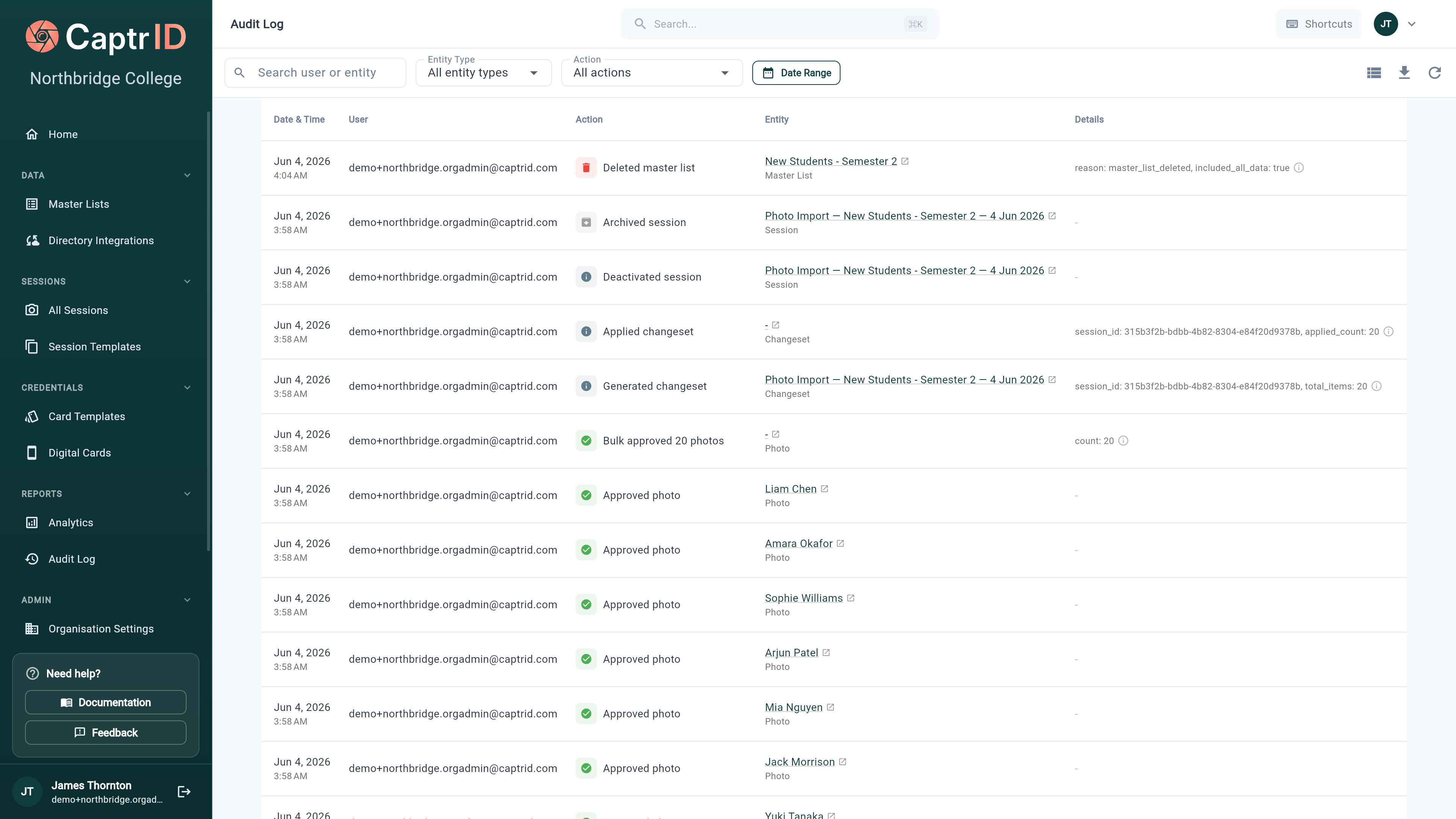 Audit log list showing recent actions including photo approvals, session creation, and changeset events with timestamps