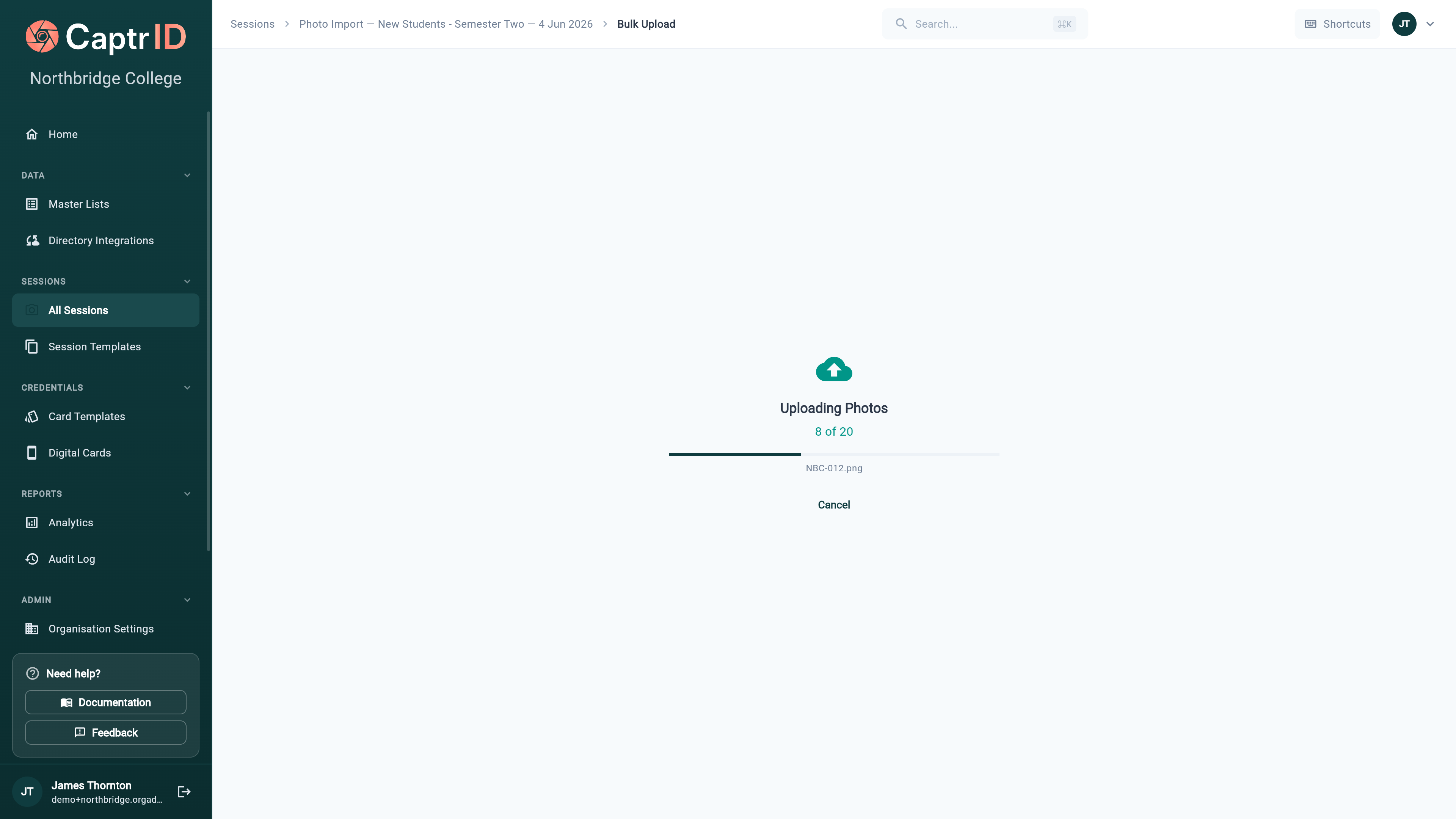 Upload progress screen with per-file status indicators and an overall progress bar