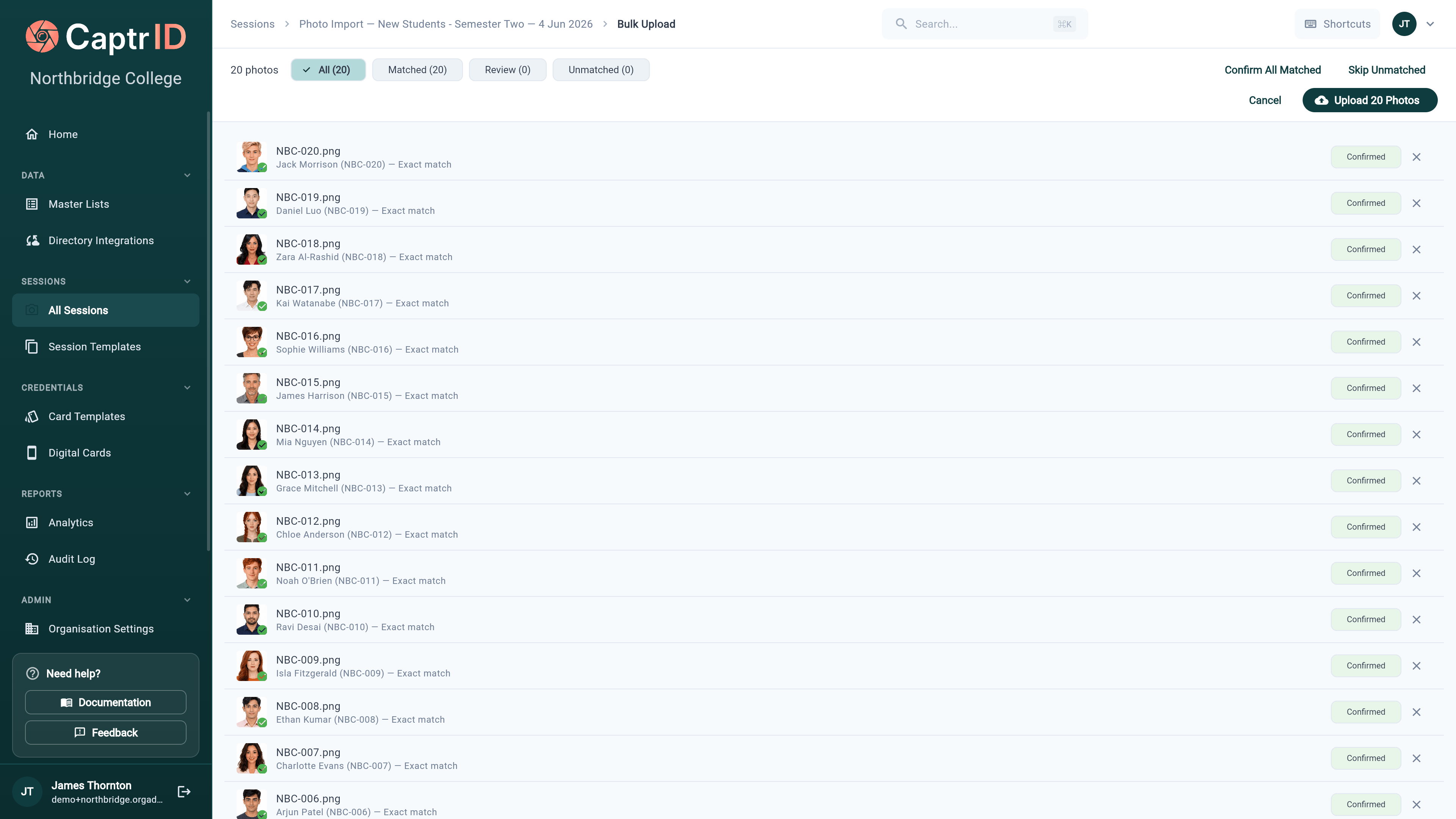 Bulk upload review screen showing three tabs: Matched with green indicators, Needs Review with amber indicators, and Unmatched with red indicators