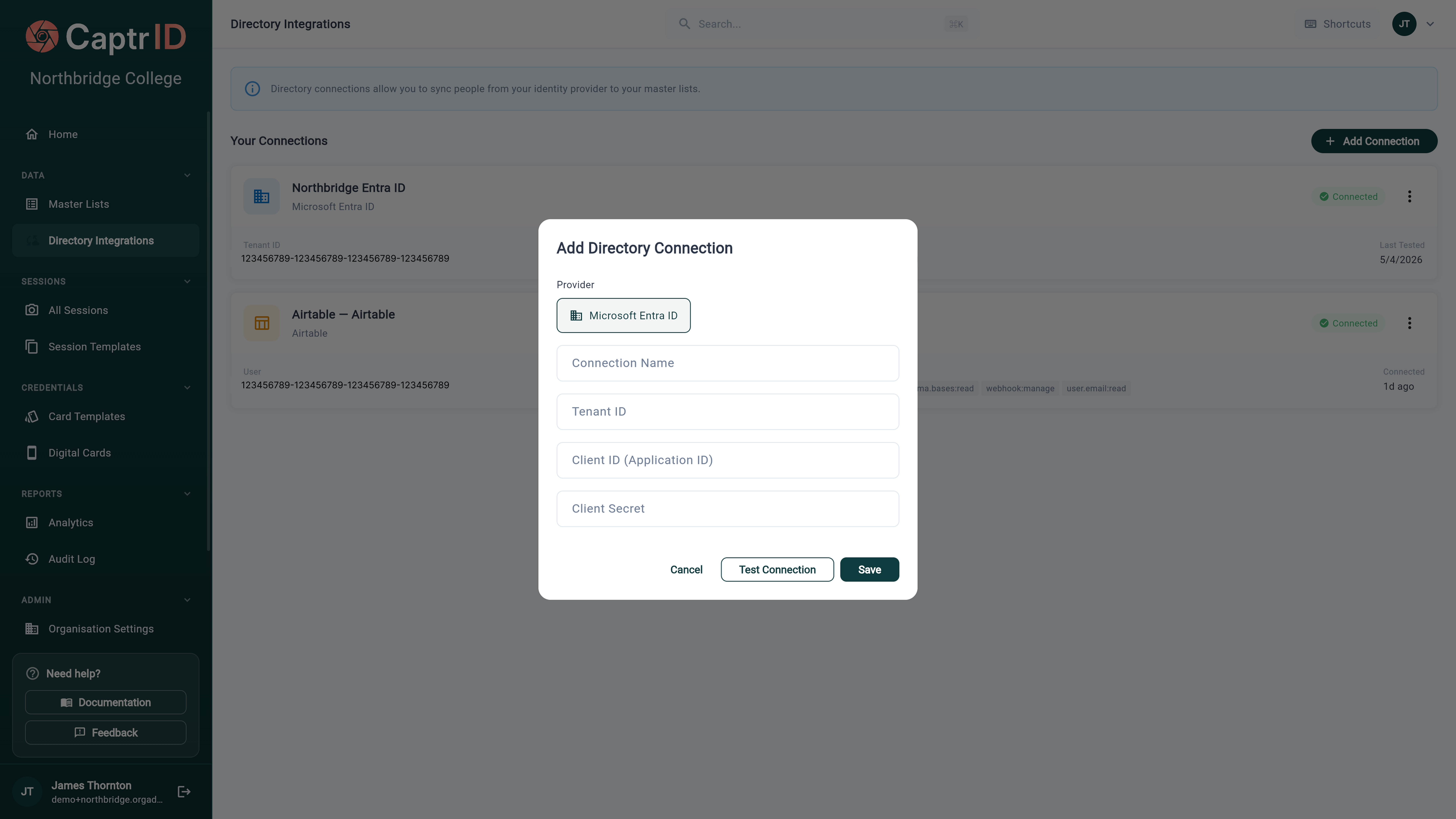 Add Directory Connection dialog with Microsoft Entra ID selected as the provider and fields for Connection Name, Tenant ID, Client ID, and Client Secret plus Test Connection and Save buttons