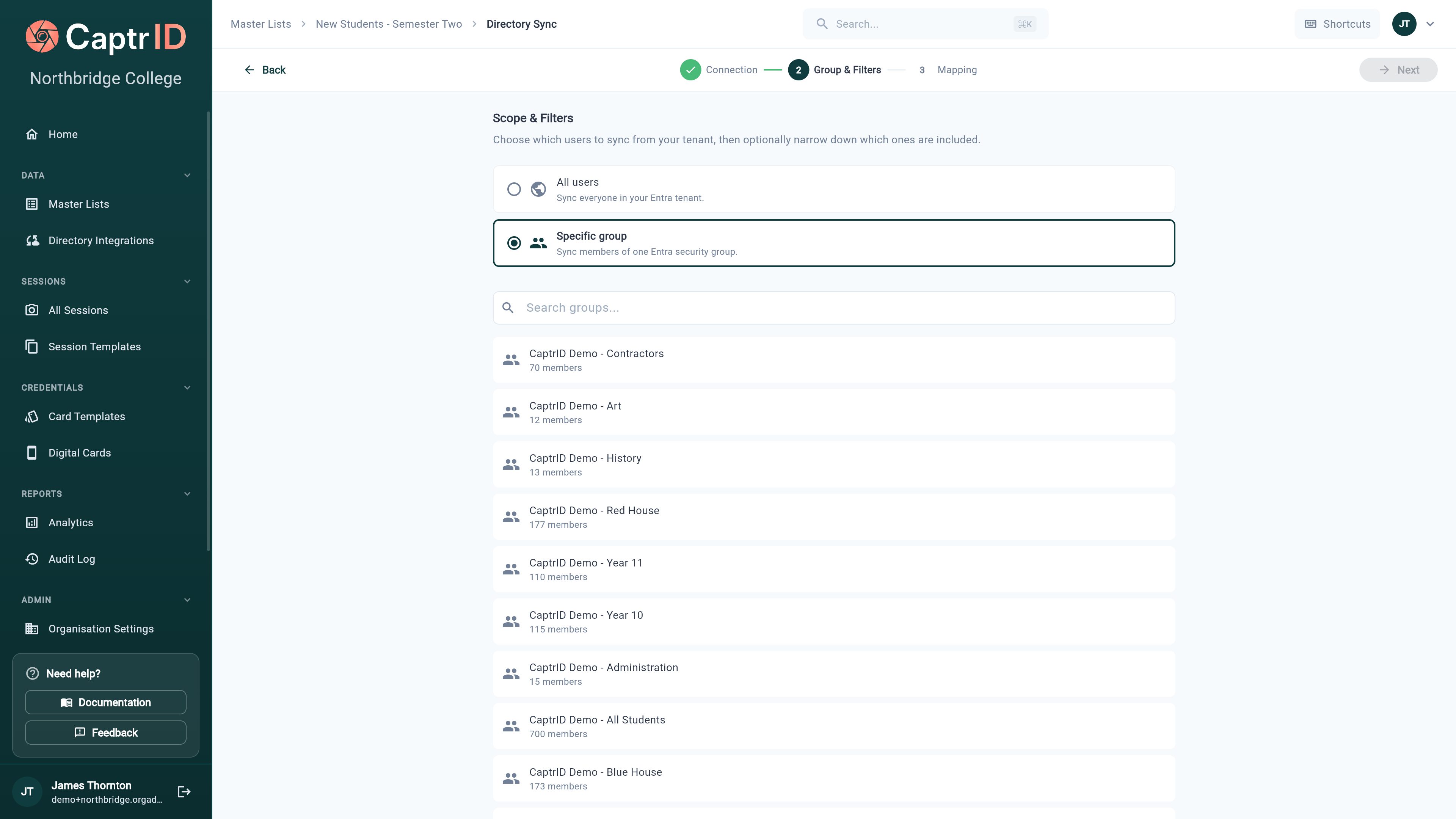 Directory sync scope step showing All users versus Specific group options and a list of Entra groups with member counts