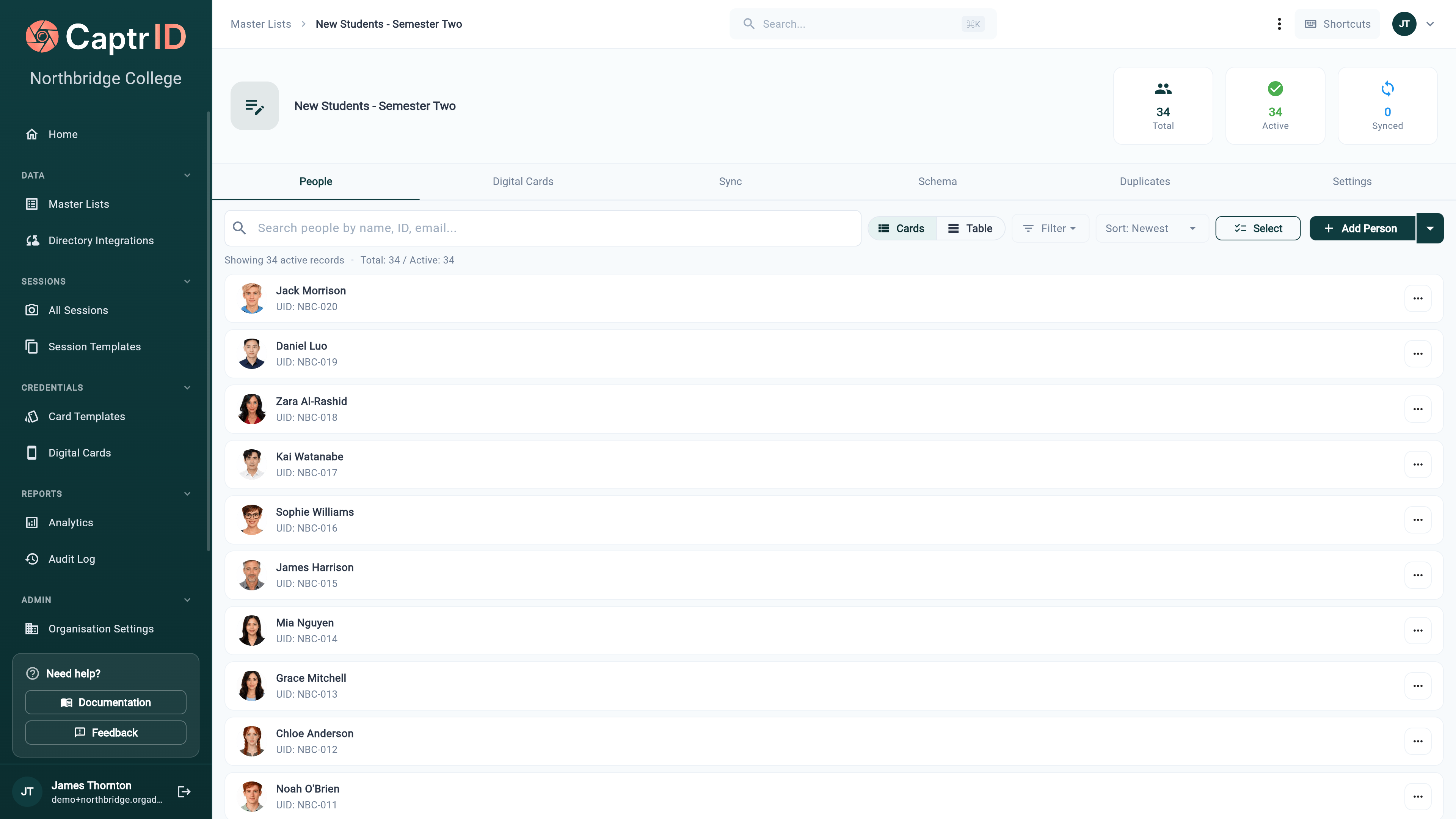 Master List detail screen with people listed in a table view