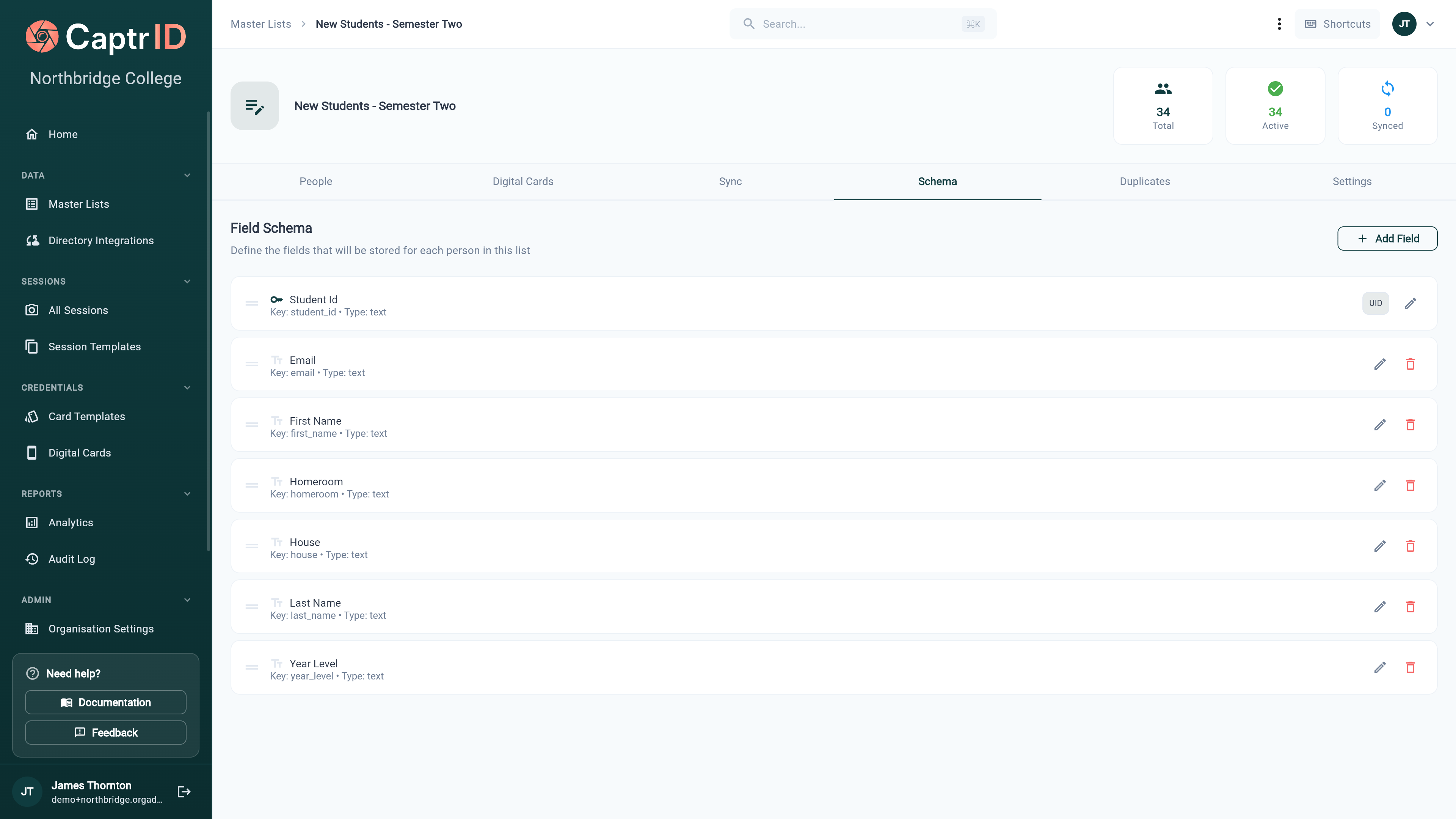 Master List schema editor with fields listed and a UID field marked
