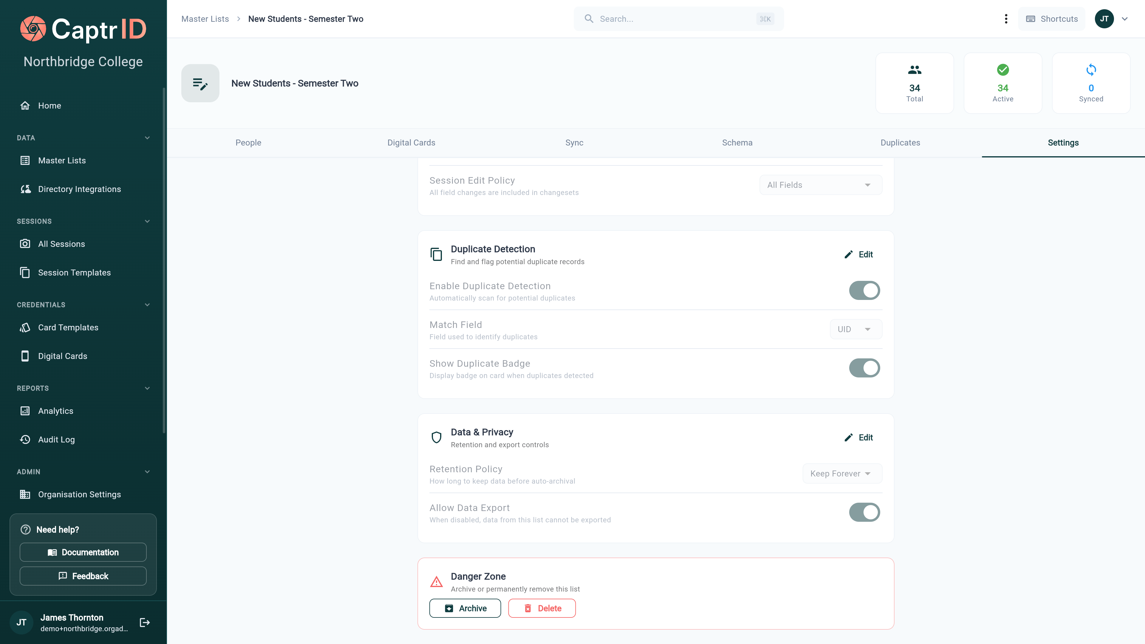 Master List settings showing duplicate detection match field, data retention and export controls, and a danger zone with Archive and Delete buttons