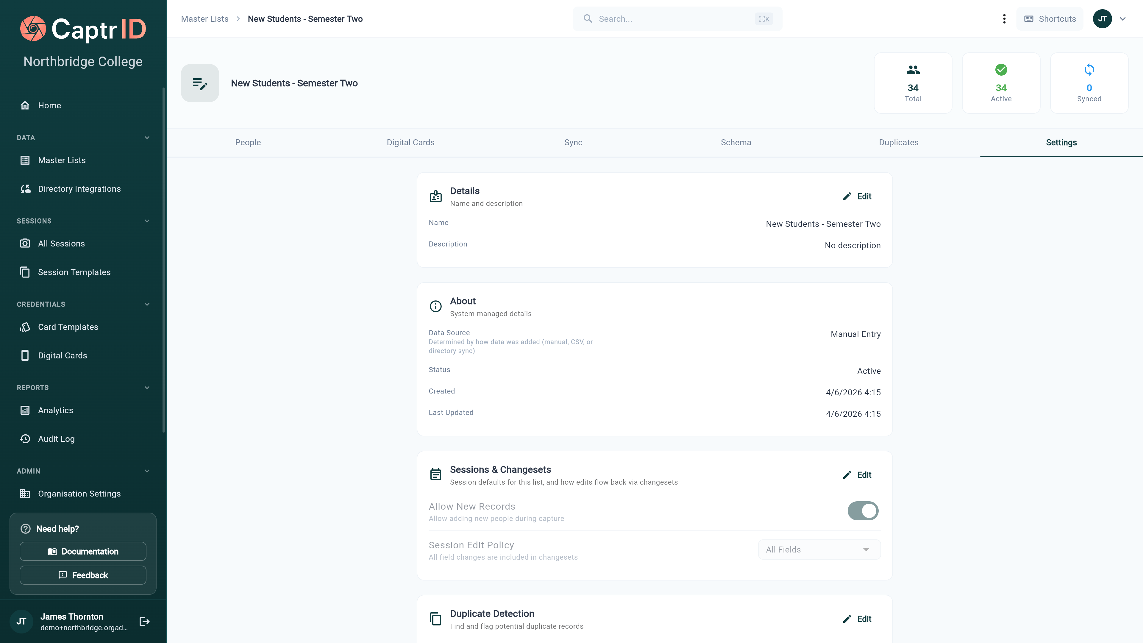 Master List settings tab with Details, system-managed About info, and Sessions & Changesets defaults