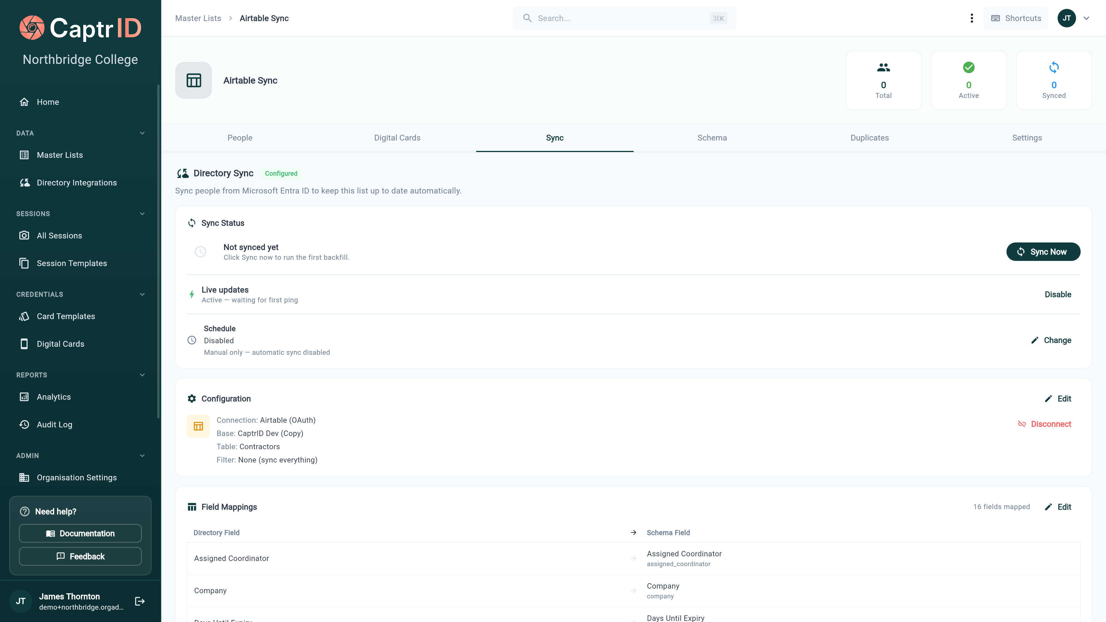 Master List sync tab showing sync status, schedule, configuration with connection details, and a field mappings summary