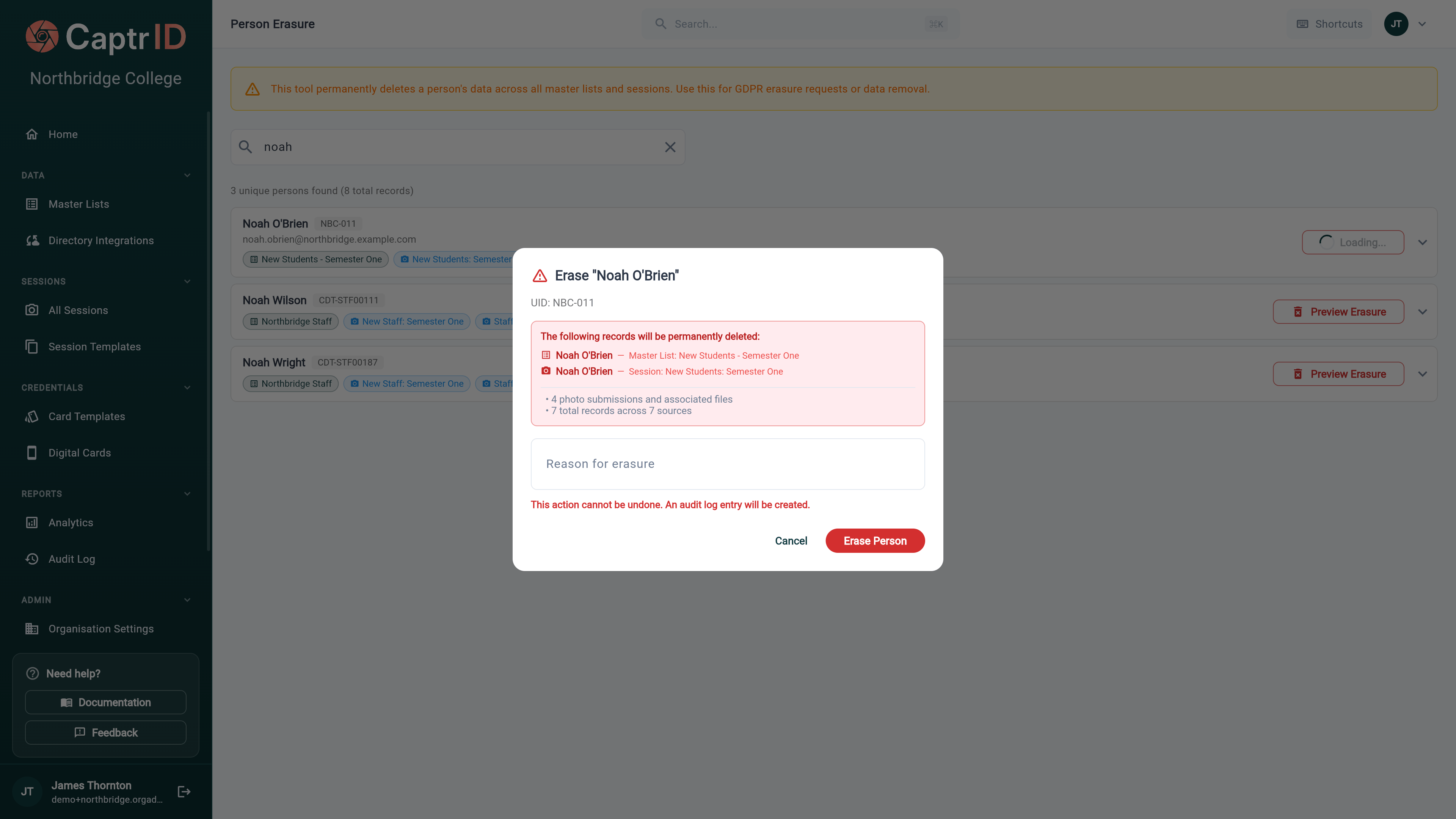 Erasure preview dialog showing deletion counts for master list records, session records, photo submissions, and wallet passes with a reason field