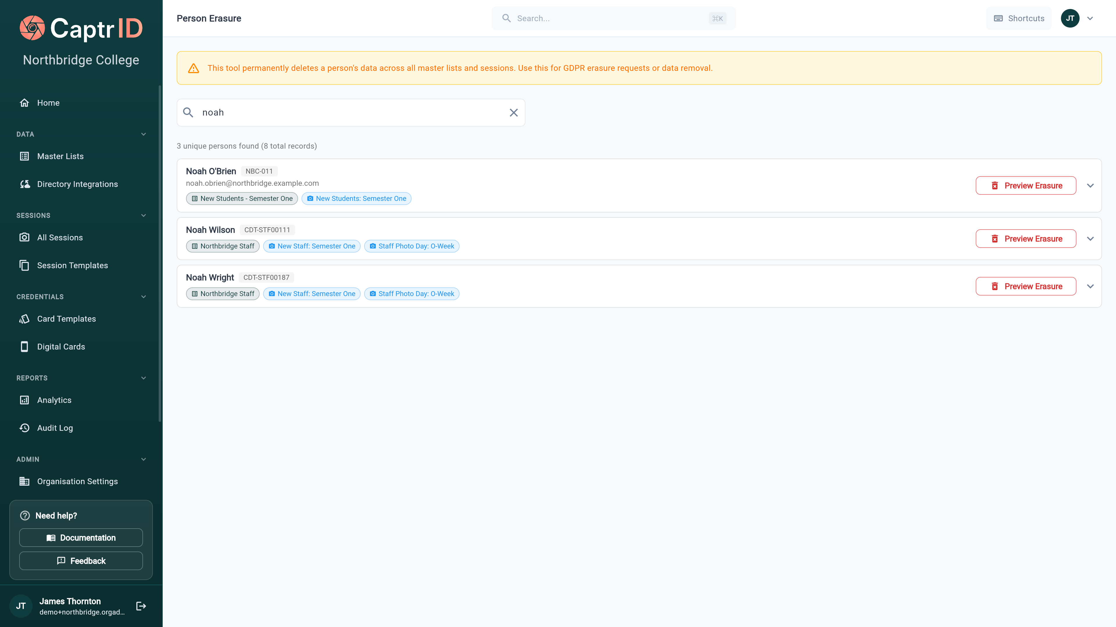 Search results cards grouped by UID showing person name, source lists, and a Preview Erasure button on each card