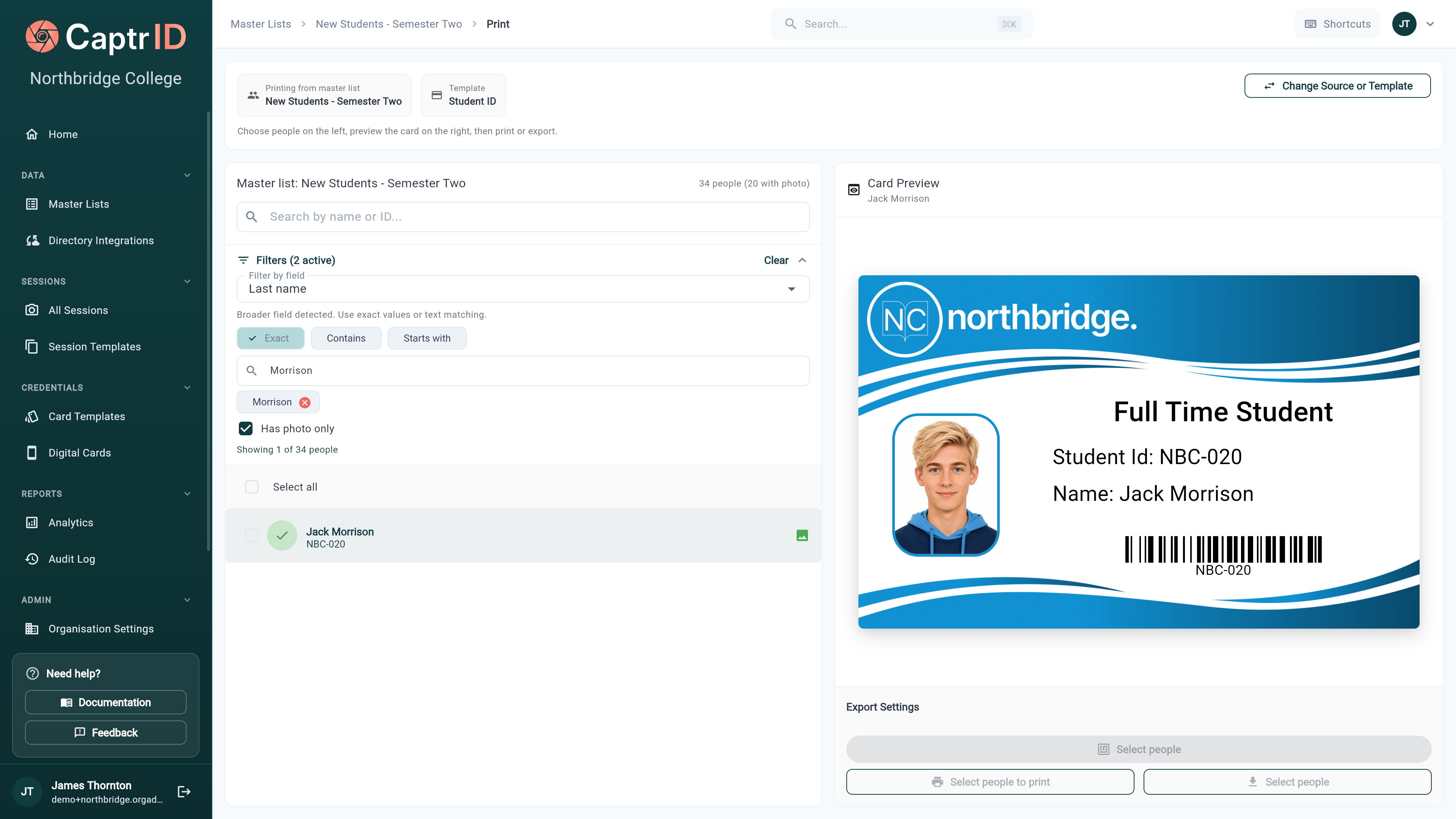Print preview showing a rendered ID card with photo, name, student ID, and year level filled in from session data