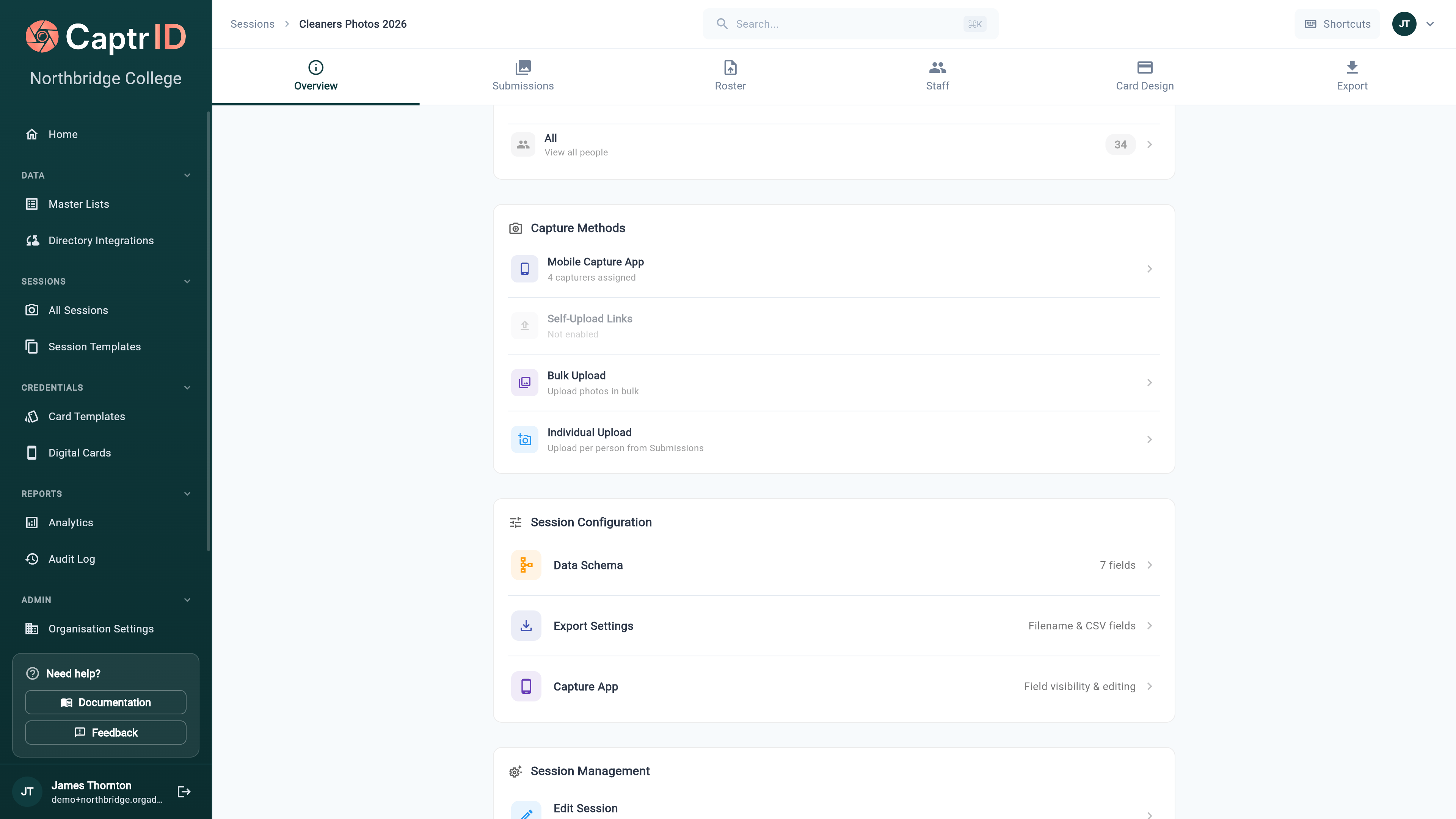 Session overview capture methods listing Mobile Capture App, Self-Upload Links, Bulk Upload, and Individual Upload