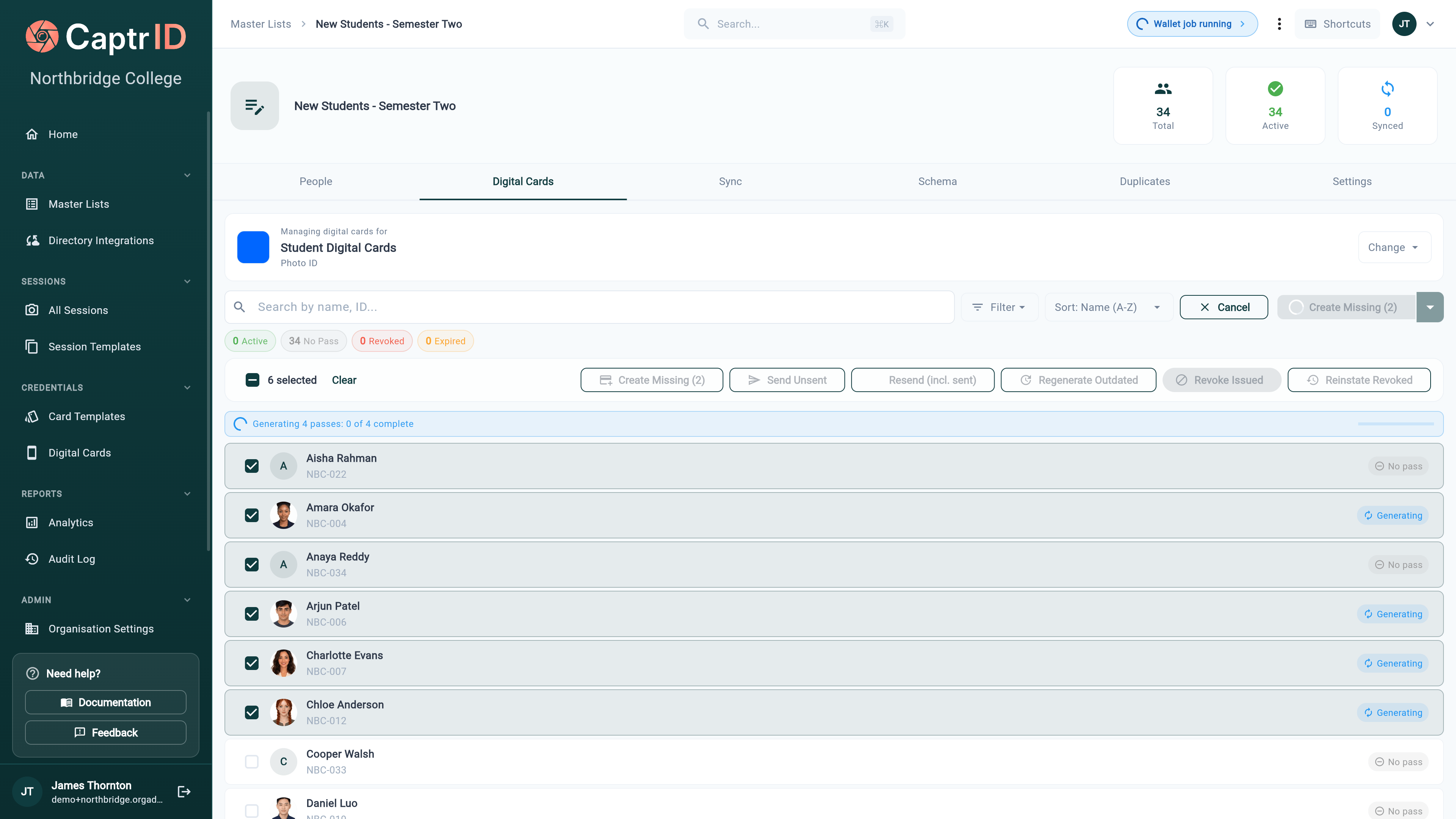 Digital Cards tab with people selected and a bulk toolbar offering Create Missing, Send Unsent, Resend, Regenerate Outdated, Revoke Issued, and Reinstate Revoked