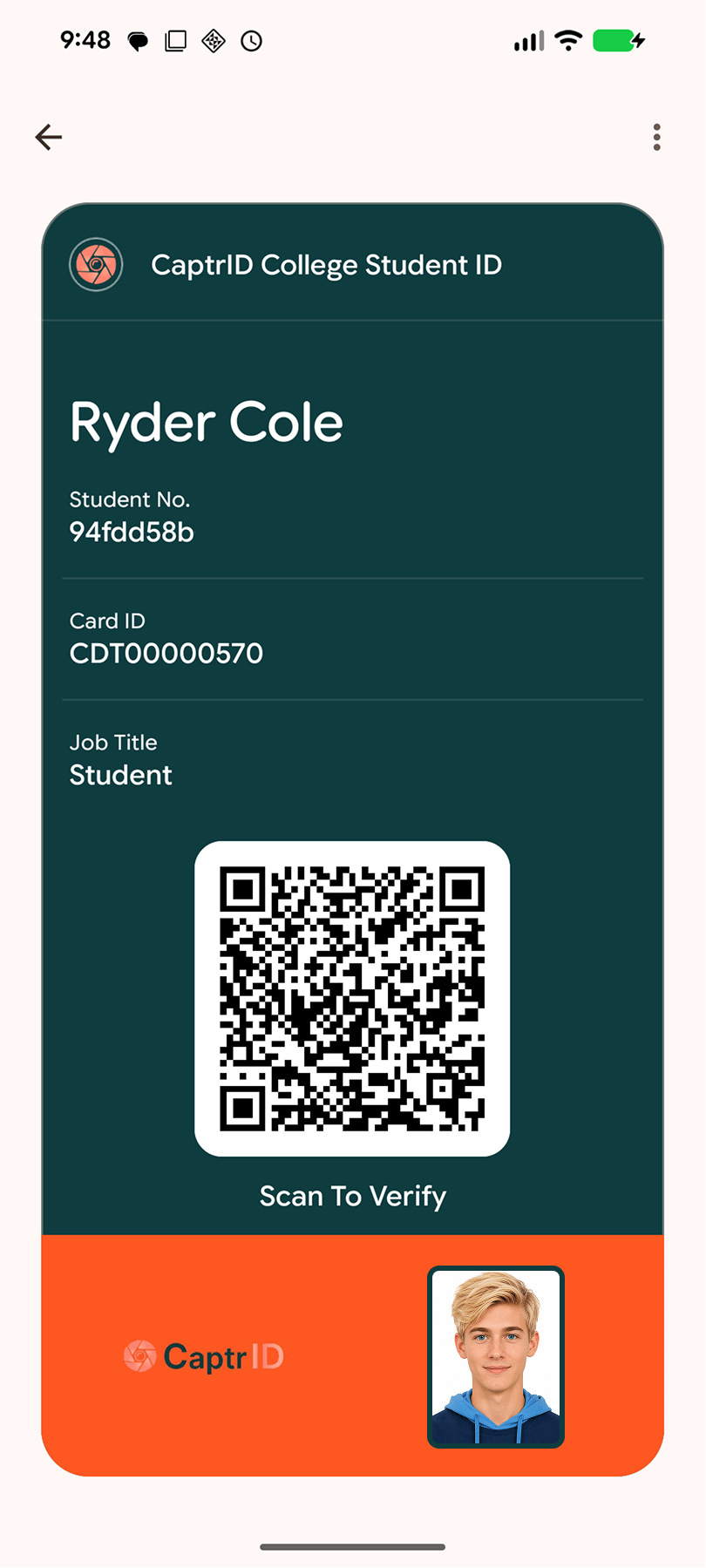 Google Wallet pass preview with photo, name, organisation branding, and QR verification code