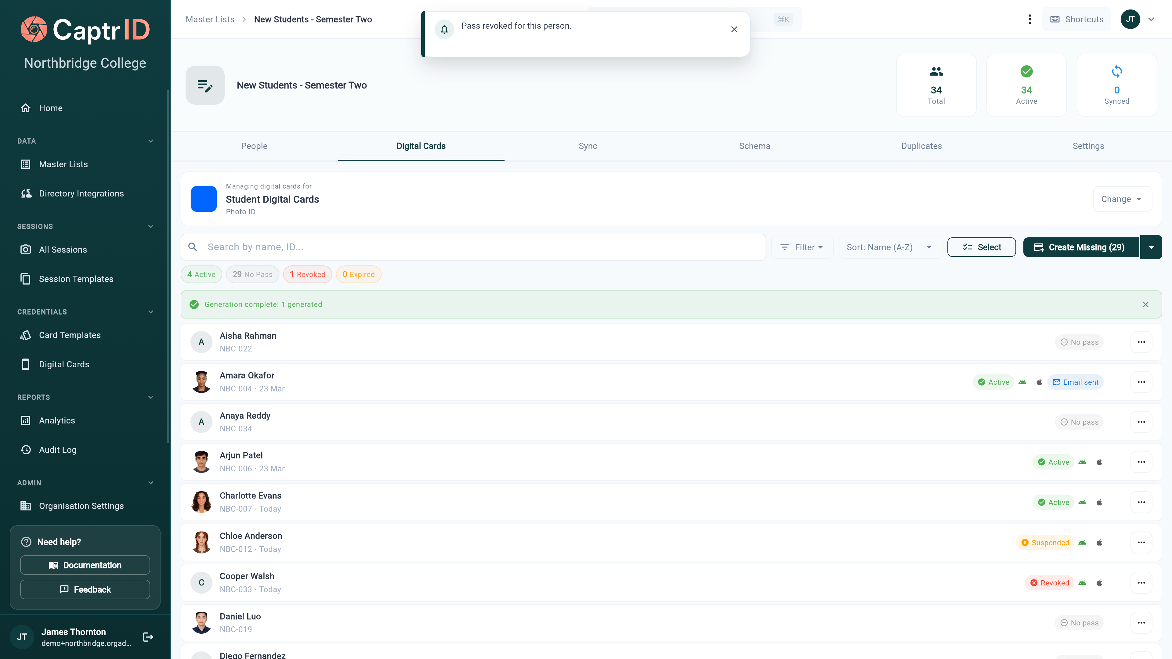 List of wallet passes with status badges showing Active, Suspended, Revoked, and No Pass states alongside wallet platform icons