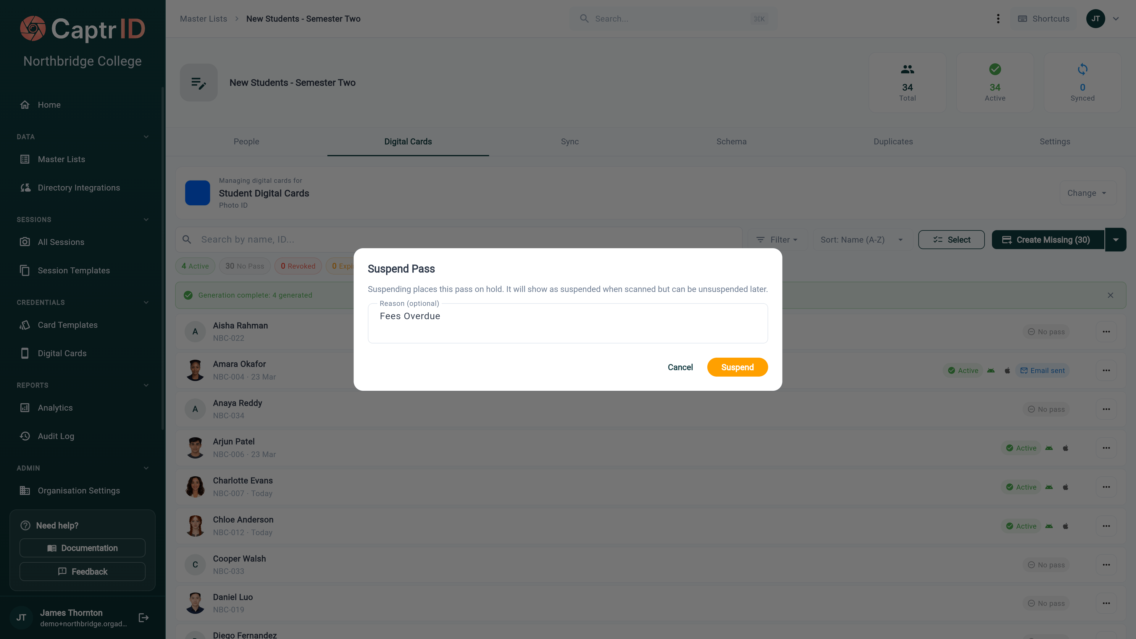 Suspend Pass dialog with an optional reason field and Cancel / Suspend buttons