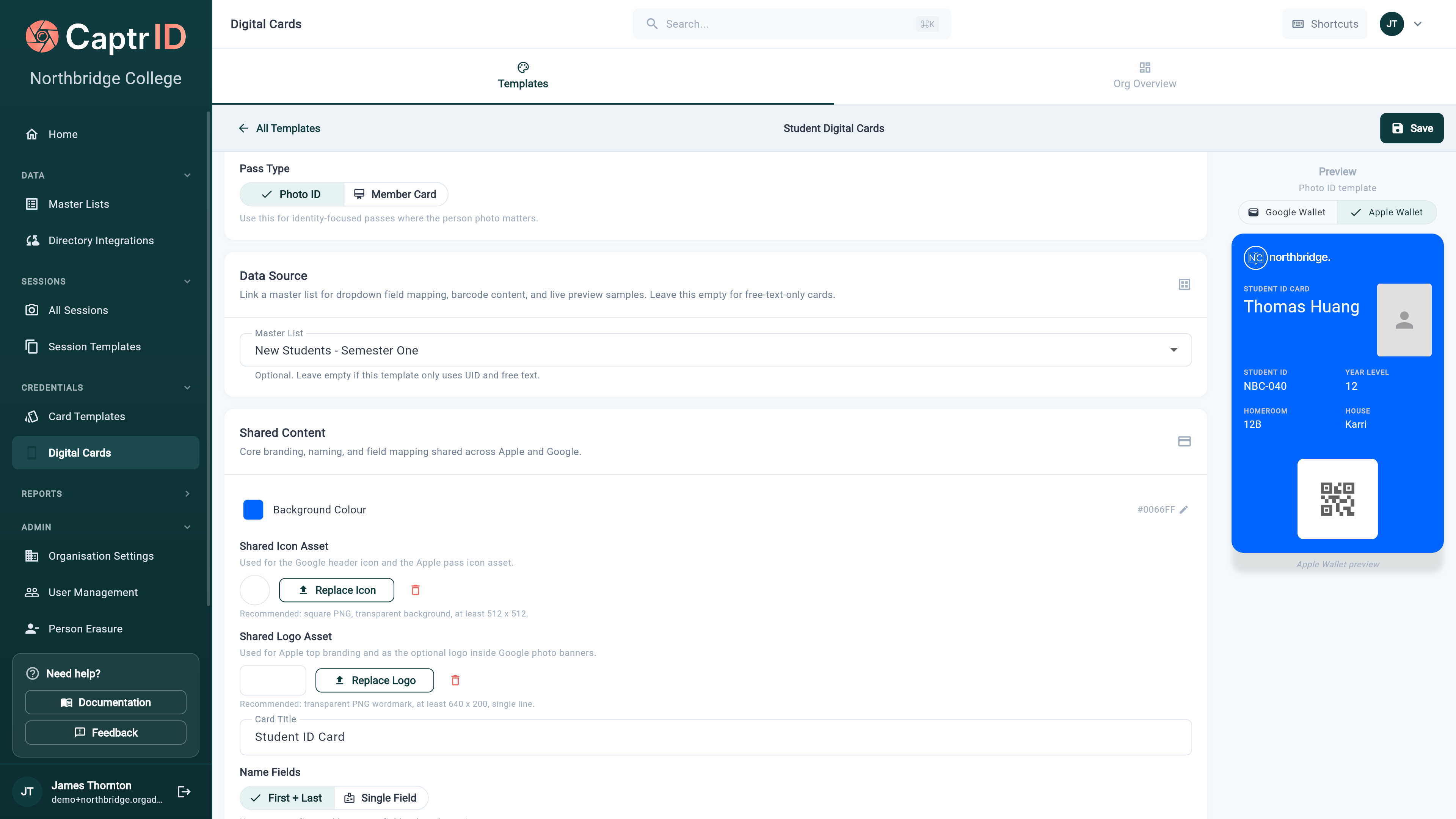 Wallet pass template editor with colour pickers, field settings, and a Google Wallet pass preview