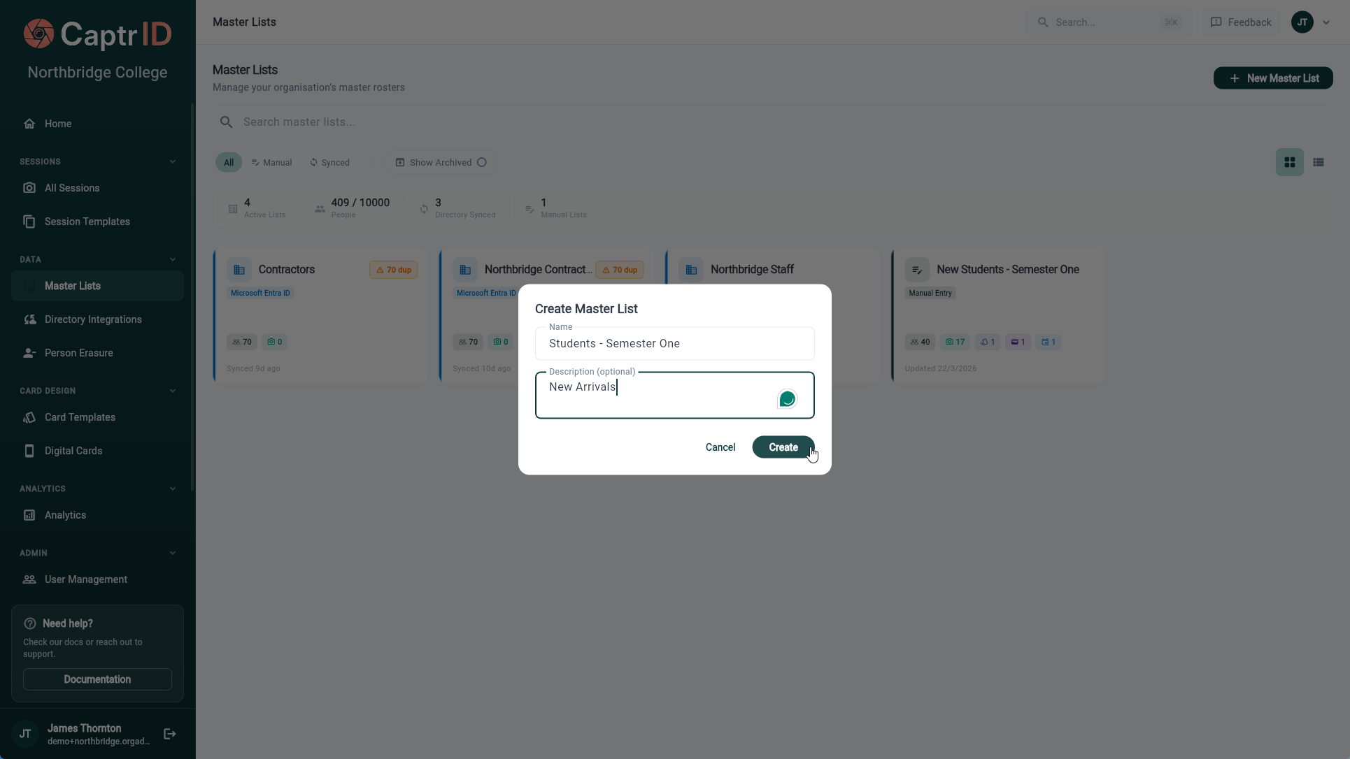 Create Master List wizard with configuration options