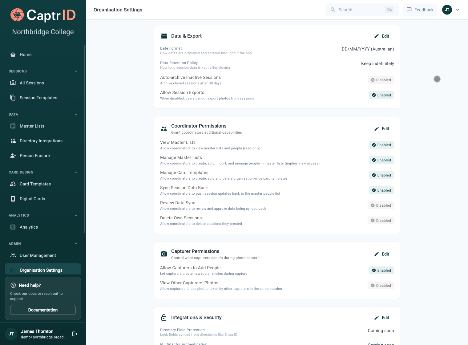 Organisation Settings screen with coordinator permission toggles for Master Lists, Card Templates, and Changeset access