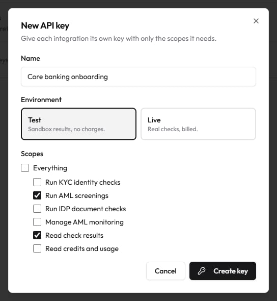New API key dialog with a test key and two scopes chosen