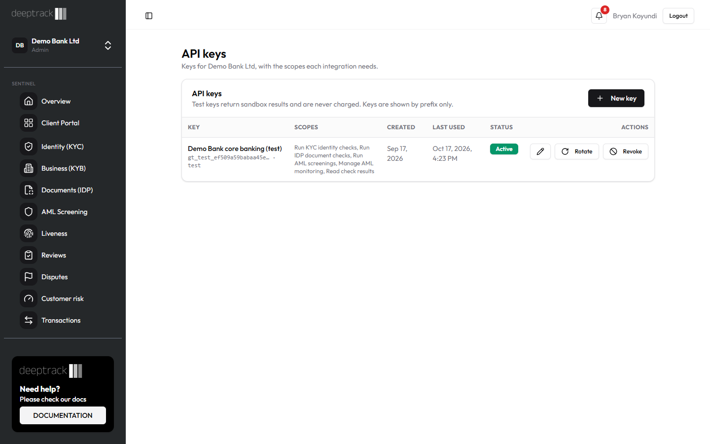 API Keys page with a key that has the Run KYC identity checks scope